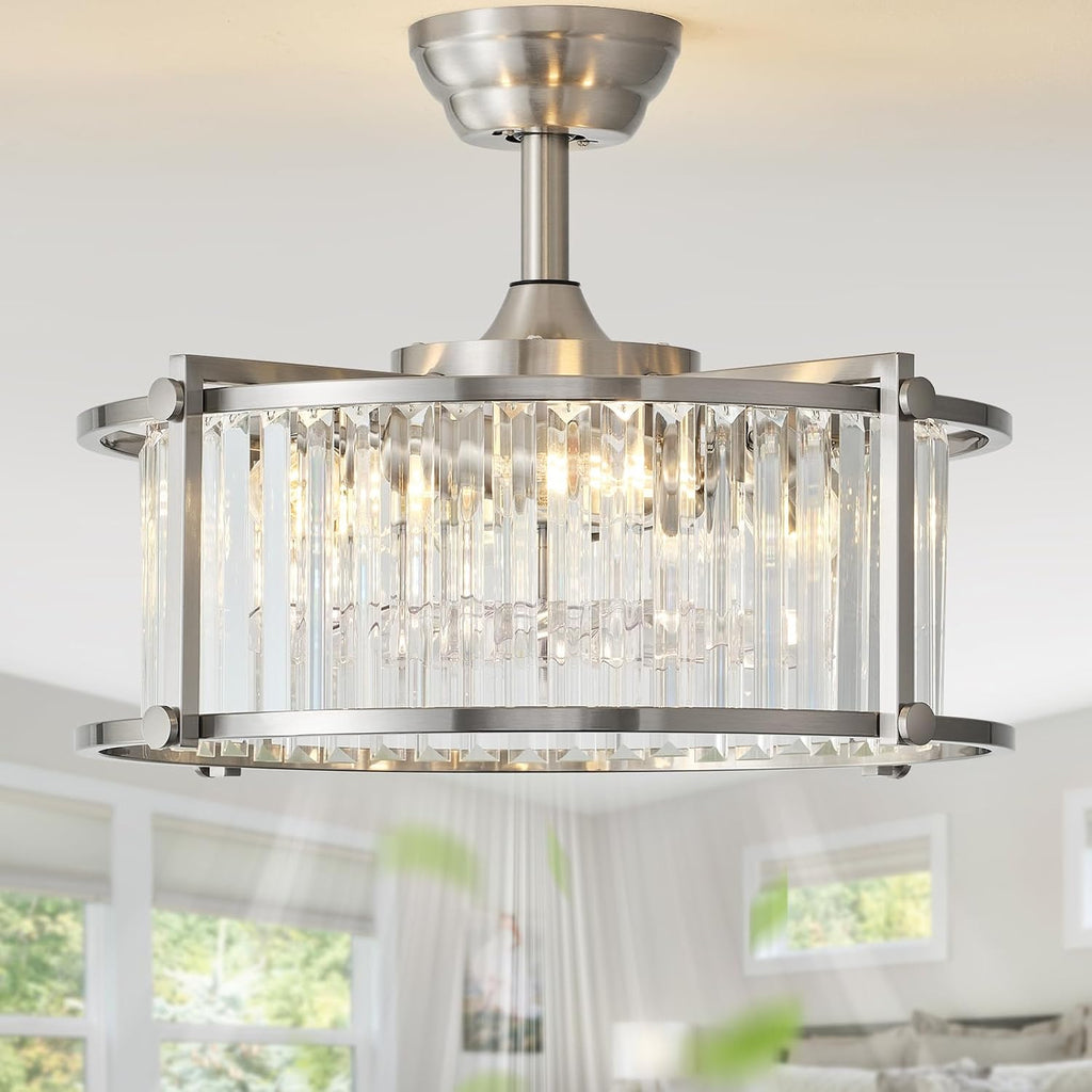 20' Silver Crystal Fandelier Ceiling Fans with Lights, Silver Crystal Industrial Chandelier Ceiling Fan with Light and Remote, Caged with 6 Speeds for Bedroom, Nursery, Living Room