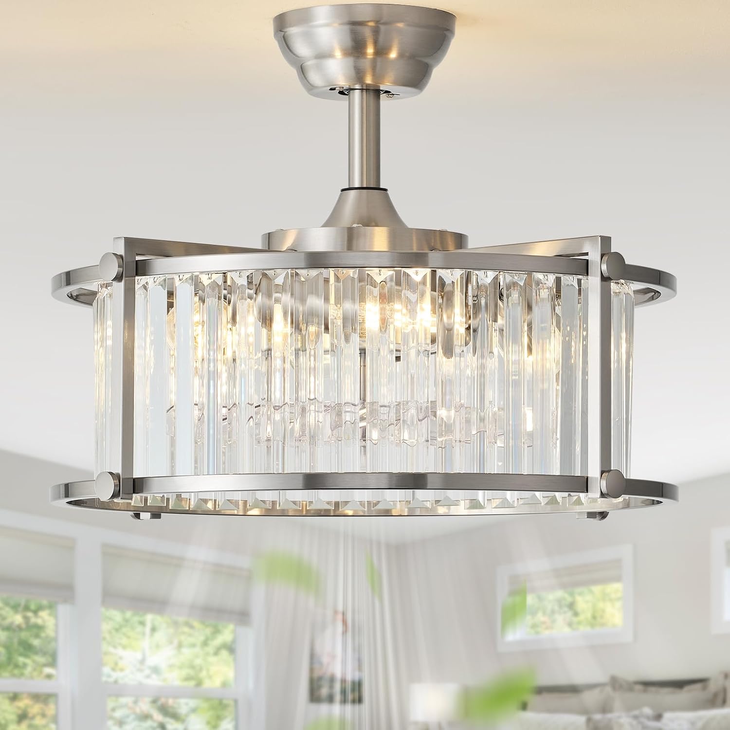 20' Silver Crystal Fandelier Ceiling Fans with Lights, Silver Crystal Industrial Chandelier Ceiling Fan with Light and Remote, Caged with 6 Speeds for Bedroom, Nursery, Living Room