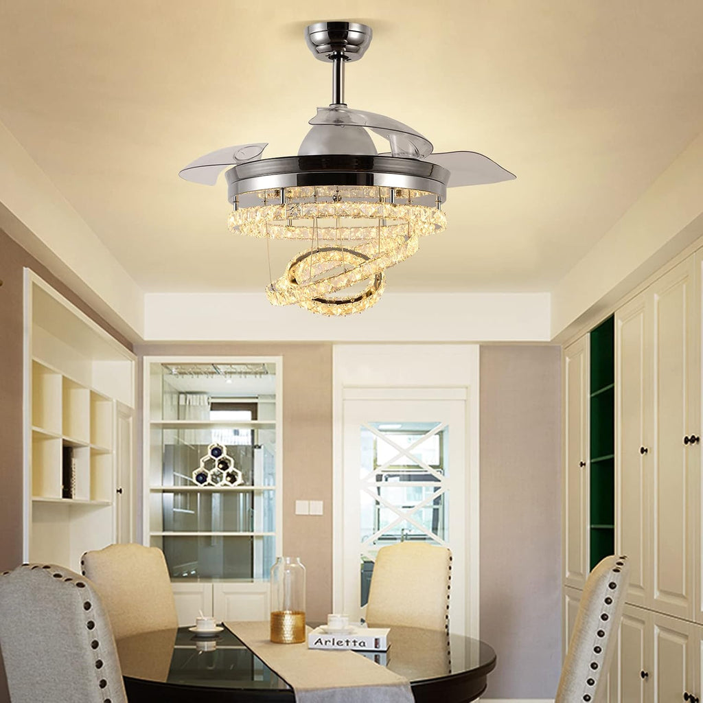 42' Dimmable Fandeliers Modern Crystal Invisible Chandelier Ceiling Fan With 3 LED Color Change Lights with Memory Function