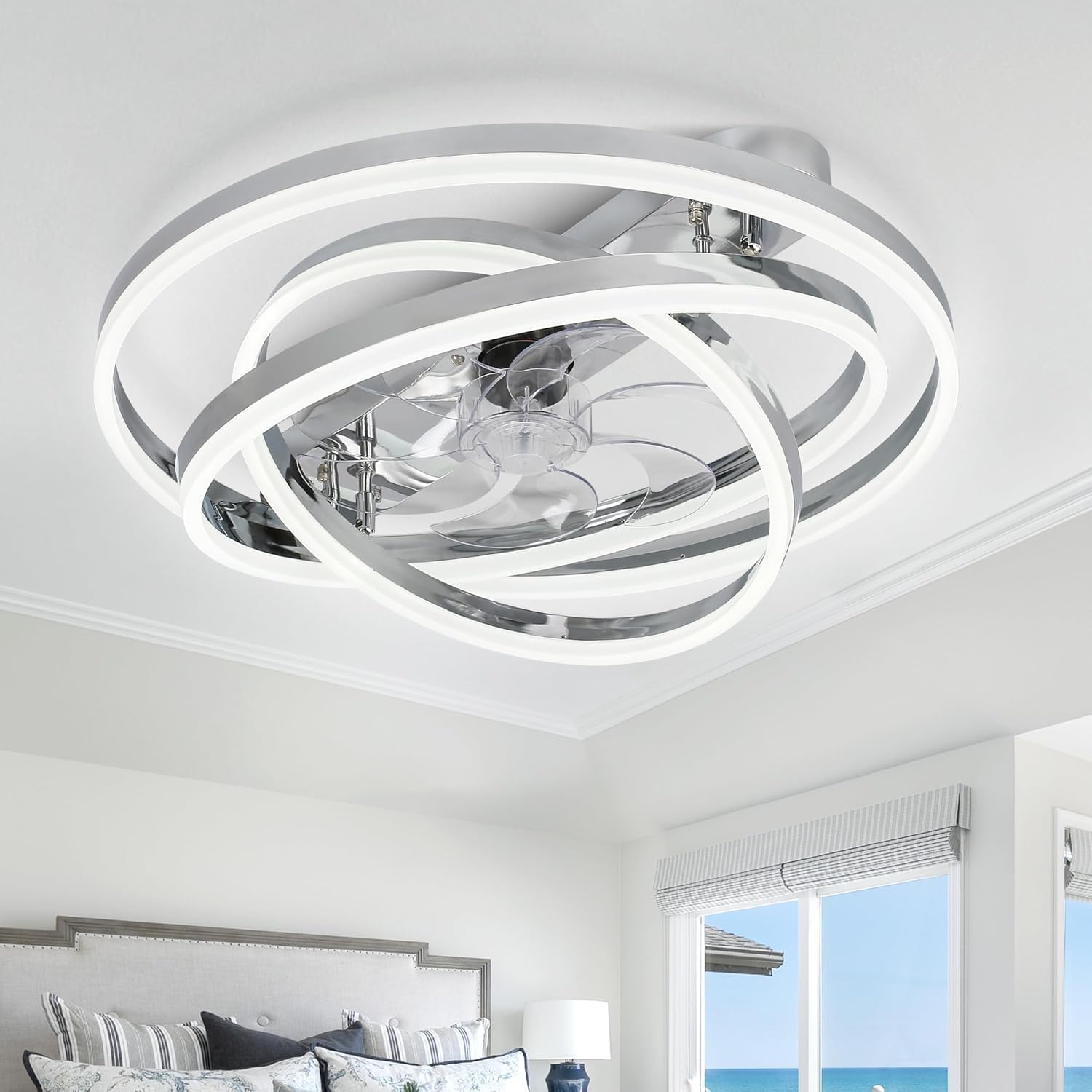 24 Inch Modern Ceiling Fan with Light, Fandelier Ceiling Fan with Light 6 Speed Dimmable Ceiling Fans with Lights and Remote and App Control for Bedroom (SILVER)