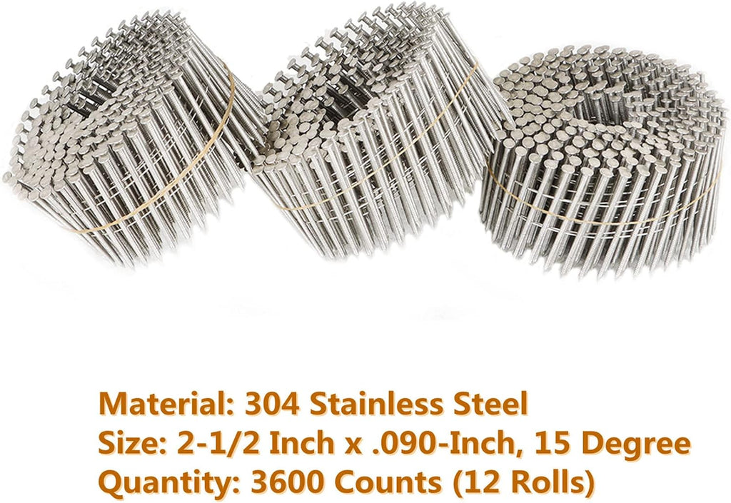 kimllier 3600 Count Coil Siding Nail Full Round Head Wire Collated Coil 15-Degree 2-1/2 Inch x .090-Inch Ring Shank 304 Stainless Steel Coil Roofing Nails