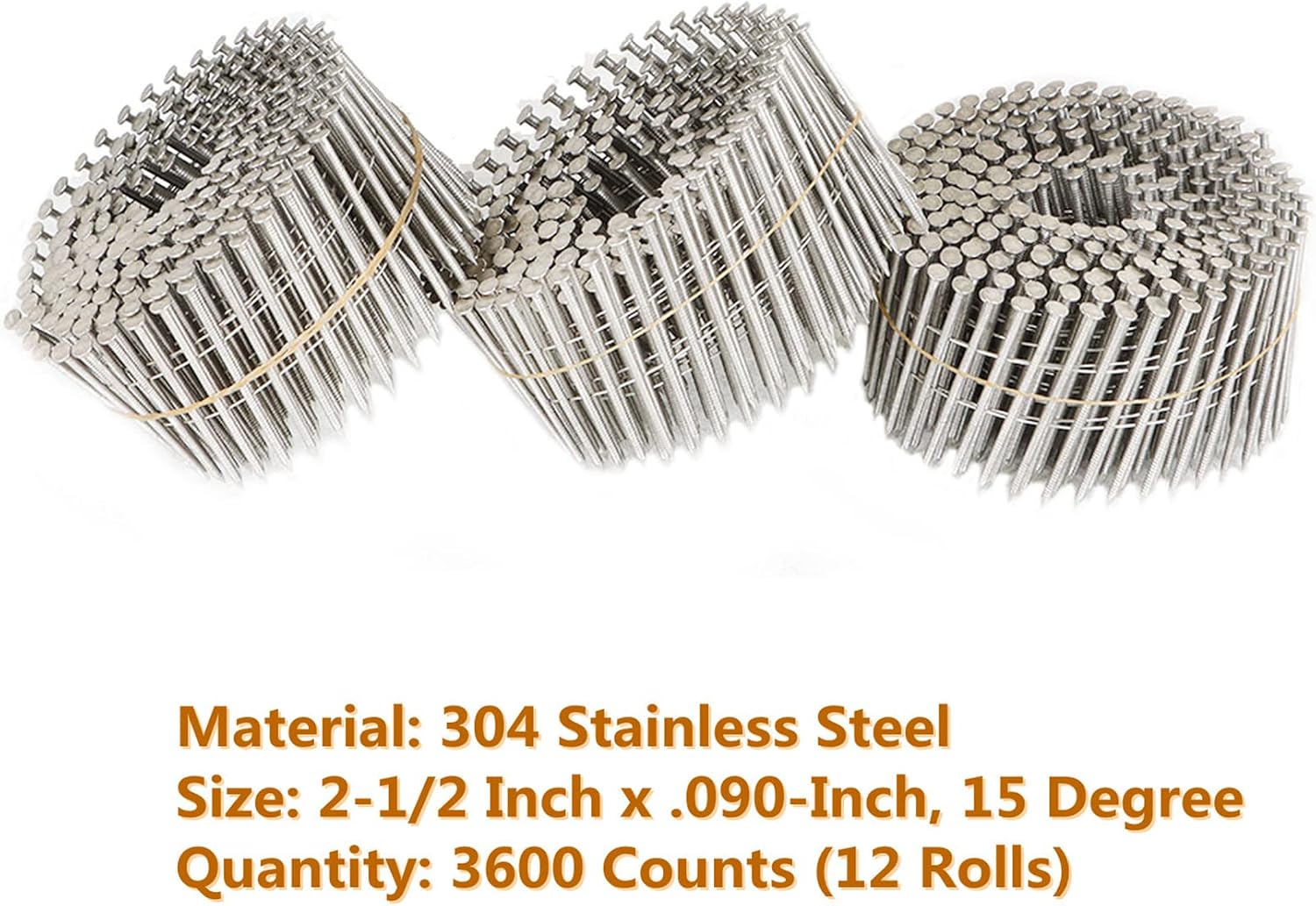 kimllier 3600 Count Coil Siding Nail Full Round Head Wire Collated Coil 15-Degree 2-1/2 Inch x .090-Inch Ring Shank 304 Stainless Steel Coil Roofing Nails