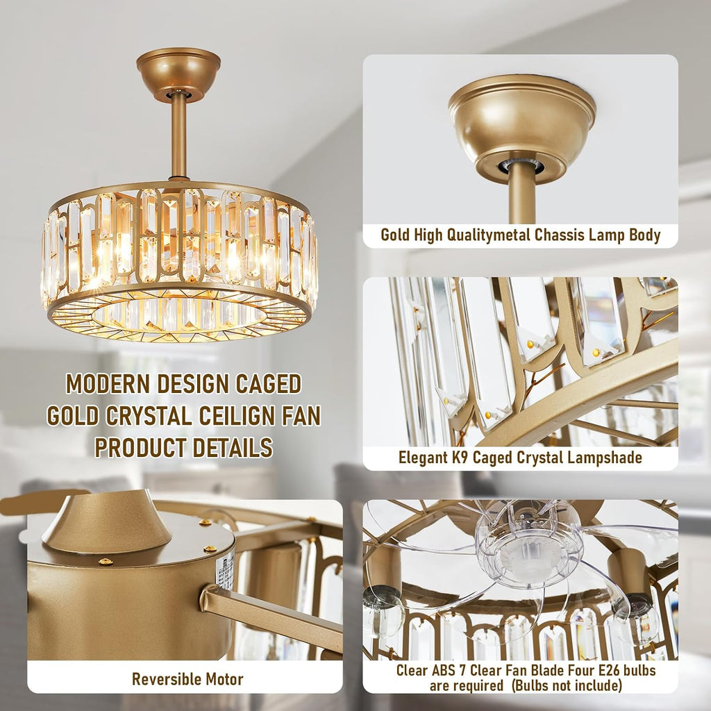 18.2' Gold Caged Ceiling Fans with Lights Remote Crystal Fandelier 4-Lights Flush Mount Fan Light Modern Enclosed Chandelier Fan with 6 Speeds for Bedroom Living Room Kitchen Dining Room Hallway