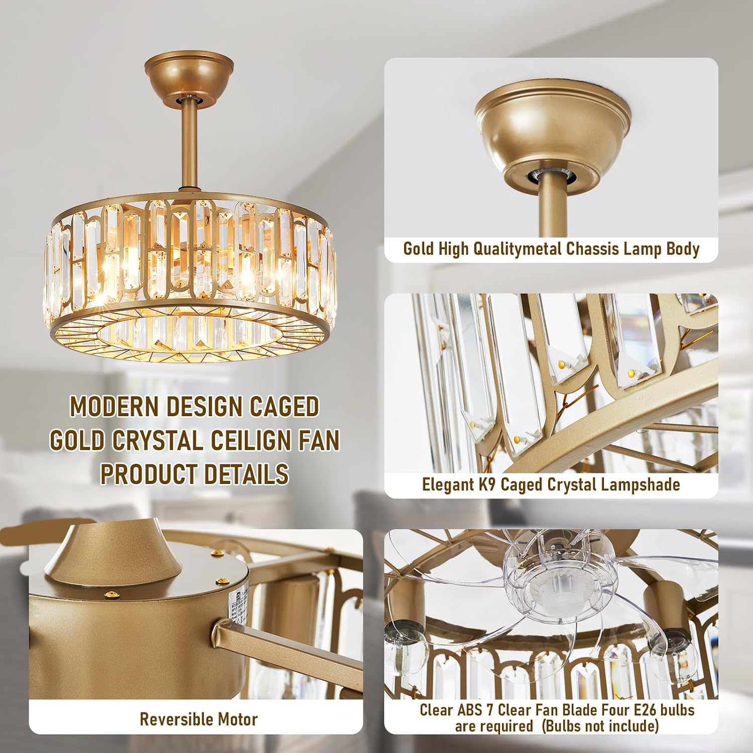 18.2' Gold Caged Ceiling Fans with Lights Remote Crystal Fandelier 4-Lights Flush Mount Fan Light Modern Enclosed Chandelier Fan with 6 Speeds for Bedroom Living Room Kitchen Dining Room Hallway
