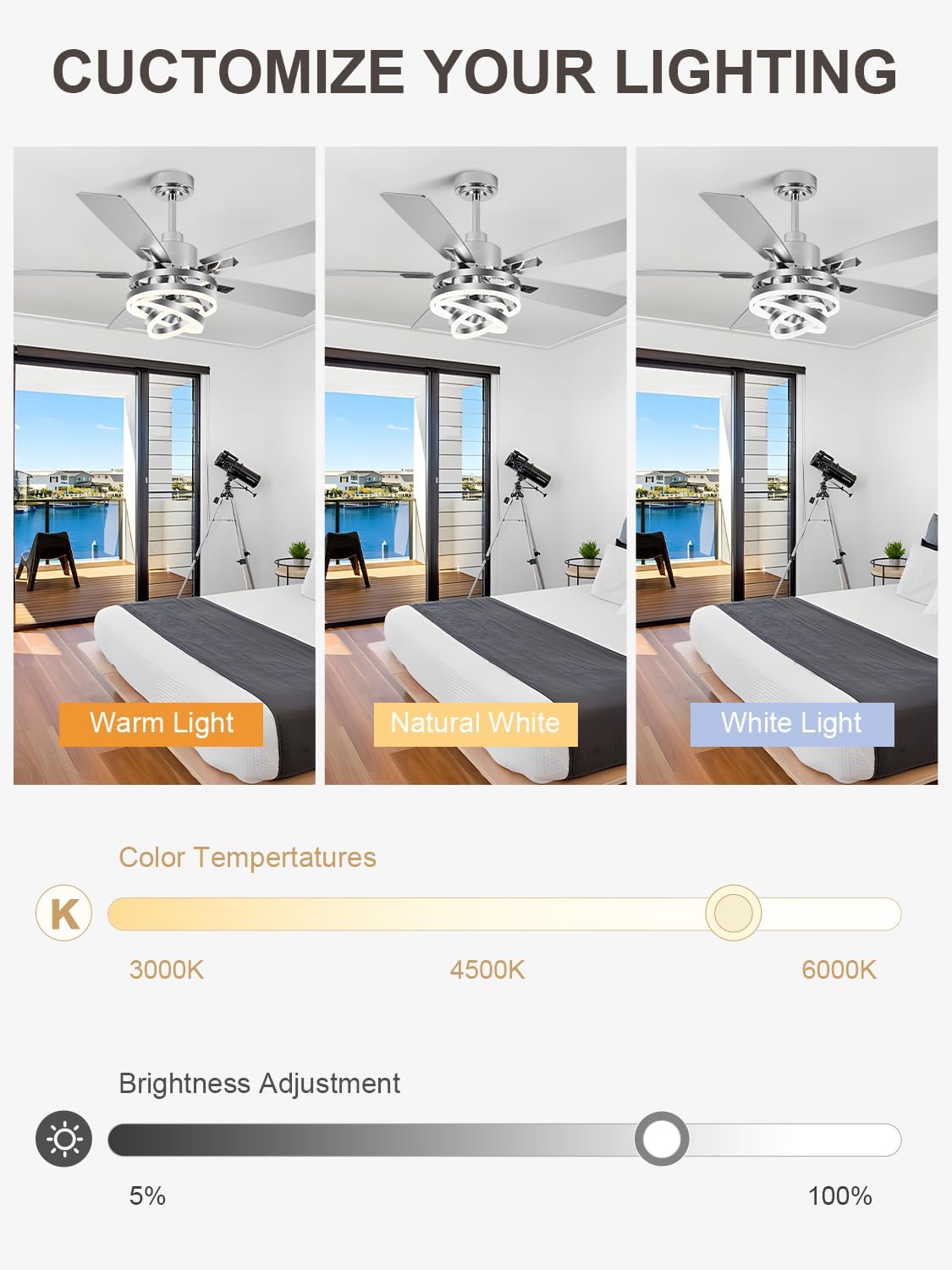 Bella Depot 52' Modern Ceiling Fan with Light, Metal Chandelier Fan with Remote, Rustic Indoor Fandelier with DC Motor for Dining Living Room Bedroom(Chrome)