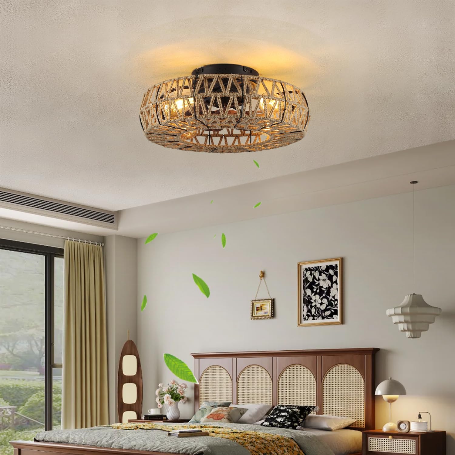 20 Inch Boho Caged Bladeless Ceiling Fan with Light,Flush Mount Rattan Fandelier Ceiling Fans Lights and Remote Contro,Enclosed 6 Speeds Low Profile Farmhouse Fan Light for Bedroom,Kitchen,Living Room