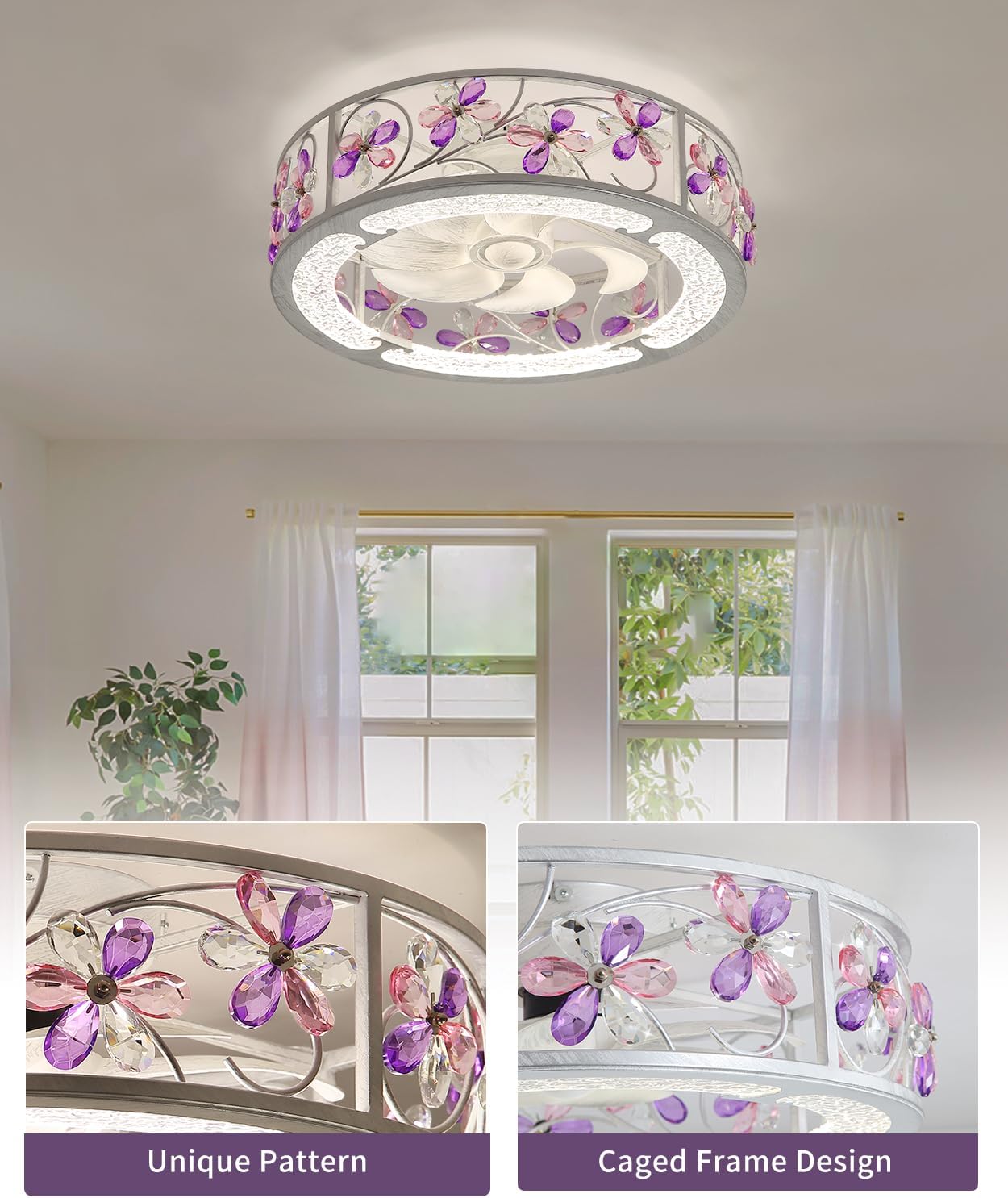 20 Inch Low Profile Caged Ceiling Fan with Light, Flower Chandelier Flush Mount Ceiling Lights Remote Control,Crystal Fandelier Bladeless 6 Speeds for Girl's Bedroom, Living Room,Hand Painted White