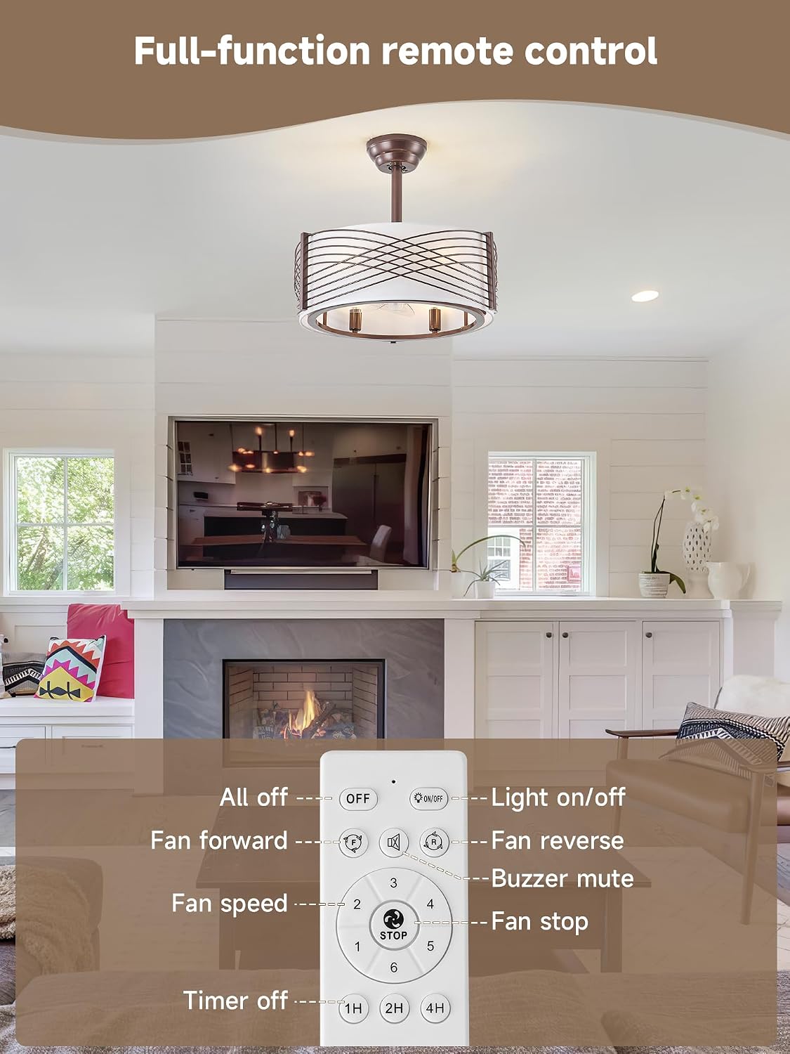 20' Fandelier Ceiling Fans with Lights, Brown Caged Ceiling Fan with Light Remote Control, Mid-Century Modern with 6 Speeds for Bedroom, Nursery, Living Room (Brown)