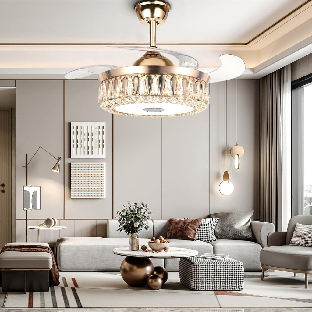 42' Bluetooth Chandelier Ceiling Fans with Lights Modern Retractable Fandelier Ceiling Fan and Remote 7 Color Change Smart Invisible Fan Light with Music Player for Bedrooms Living Room, Gold