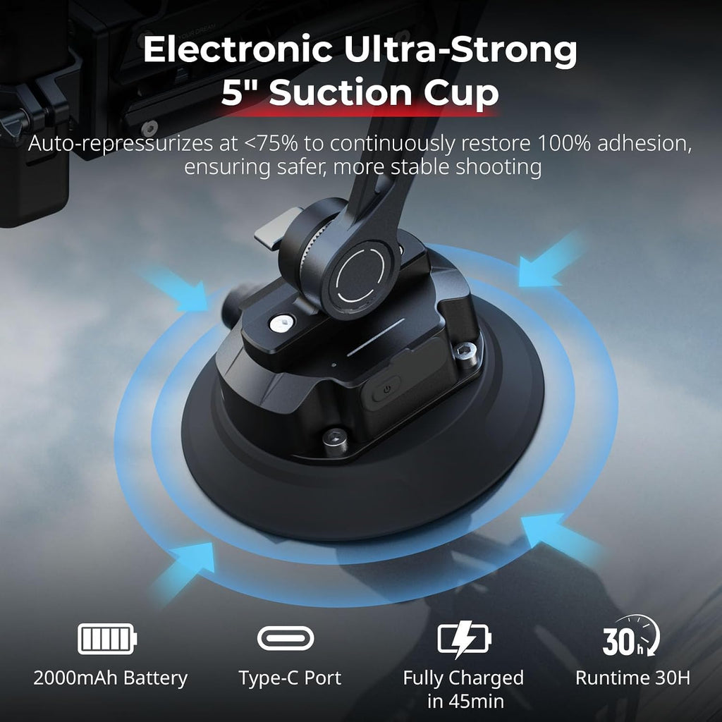 SmallRig Mini Electronic Shock Absorber Arm, 5in Suction Cup Car Mount for DJI Osmo Pocket 4/3/Action 6/5 Pro, for GoPro 13/12, for Insta360 X5/4/Ace Pro2, 2000mAh Double Spring Hydraulic Damping-5507
