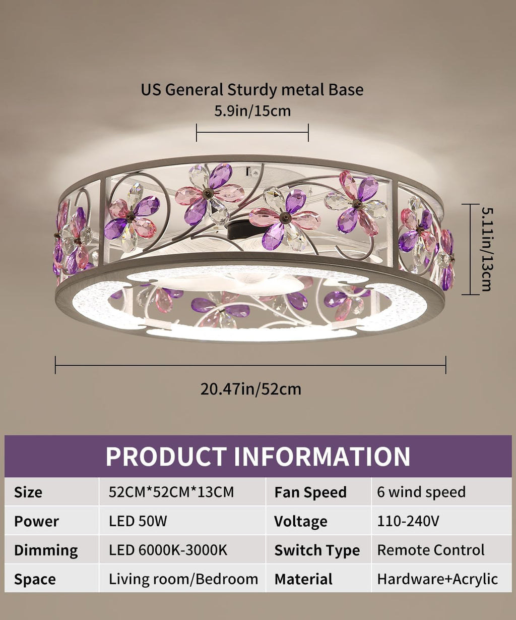 20 Inch Low Profile Caged Ceiling Fan with Light, Flower Chandelier Flush Mount Ceiling Lights Remote Control,Crystal Fandelier Bladeless 6 Speeds for Girl's Bedroom, Living Room,Hand Painted White