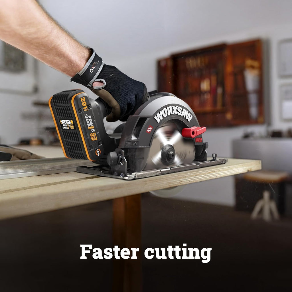 WORX Cordless Circular Saw, 20V 7-1/4-Inch Blade Brushless Circular Saw, Powerful and Faster Cutting with up to 6,100 RPM, Ultra-lightweight Design, 20V 4.0 Ah Battery and Charger Included, PowerShare