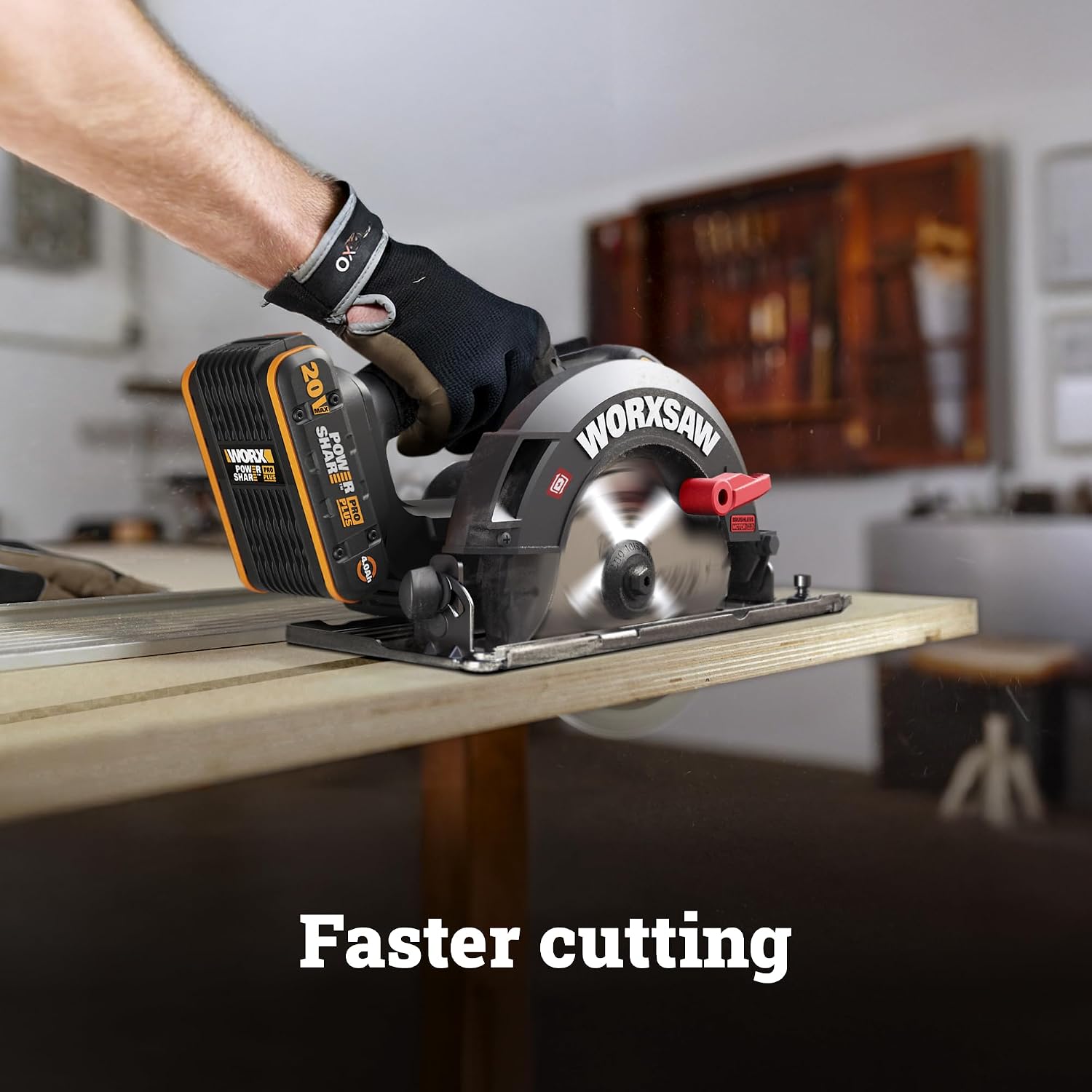 WORX Cordless Circular Saw, 20V 7-1/4-Inch Blade Brushless Circular Saw, Powerful and Faster Cutting with up to 6,100 RPM, Ultra-lightweight Design, 20V 4.0 Ah Battery and Charger Included, PowerShare