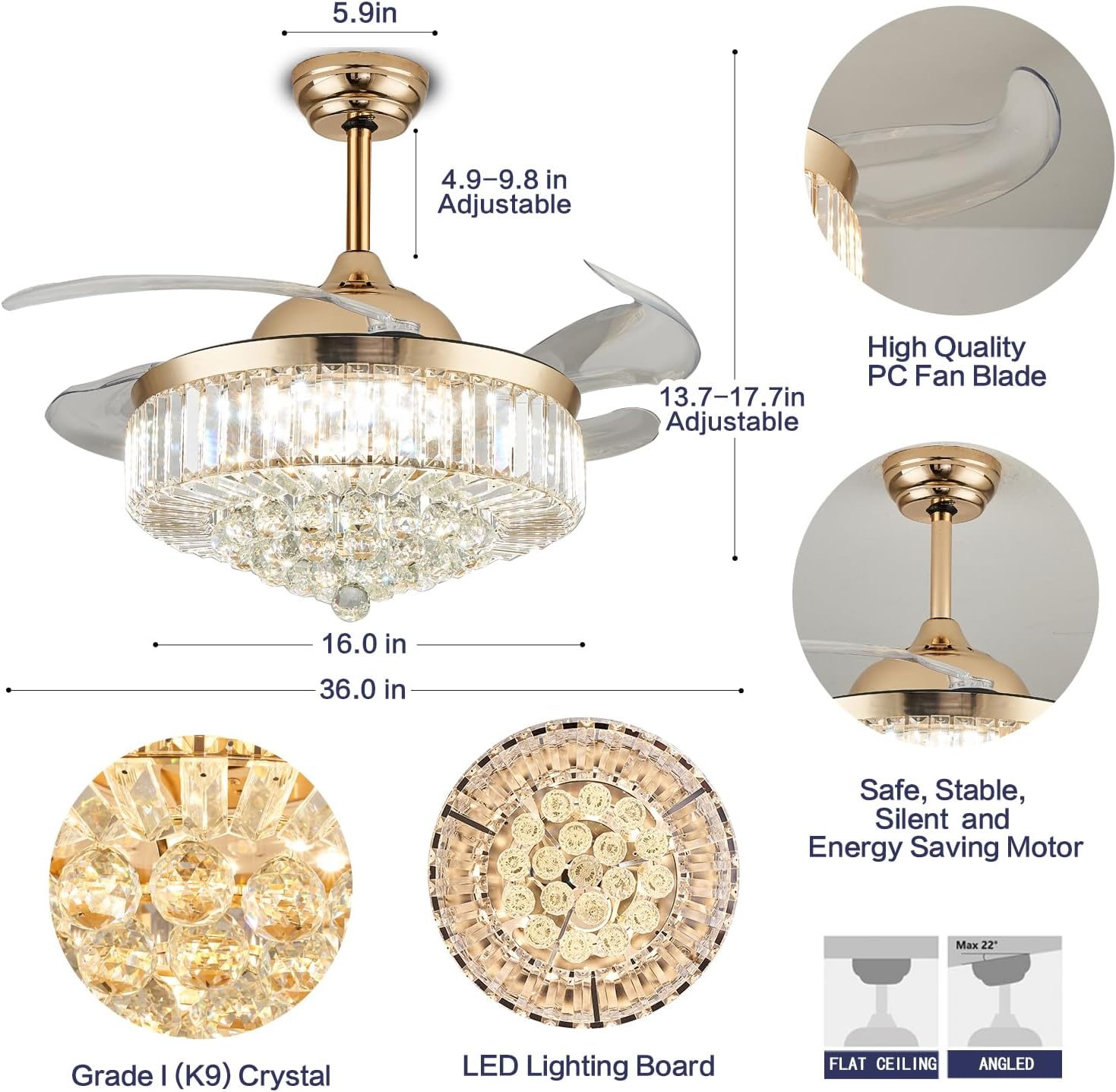36' Dimmable Gold Fandelier Crystal Ceiling Fans with Lights and Remote, Modern Chandelier Ceiling Fan with Invisible Retractable Blades for Bedroom Living Room 6 Speed