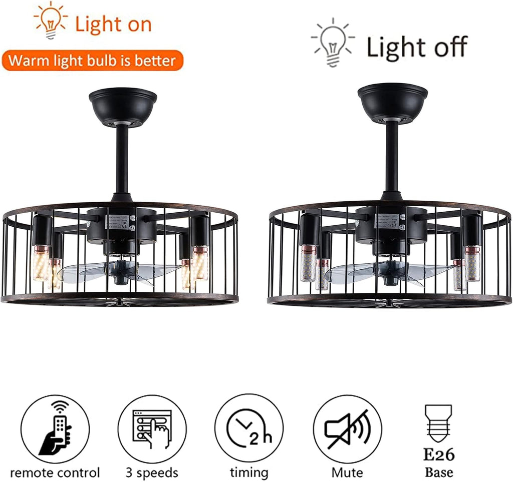 LOYALHEARTDY Black Caged Ceiling Fan with Lights Remote Control, 18' Rustic Bladeless Ceiling Fan Kids Fan, Modern Down rod Mount Industrial Bedroom Ceiling Fan