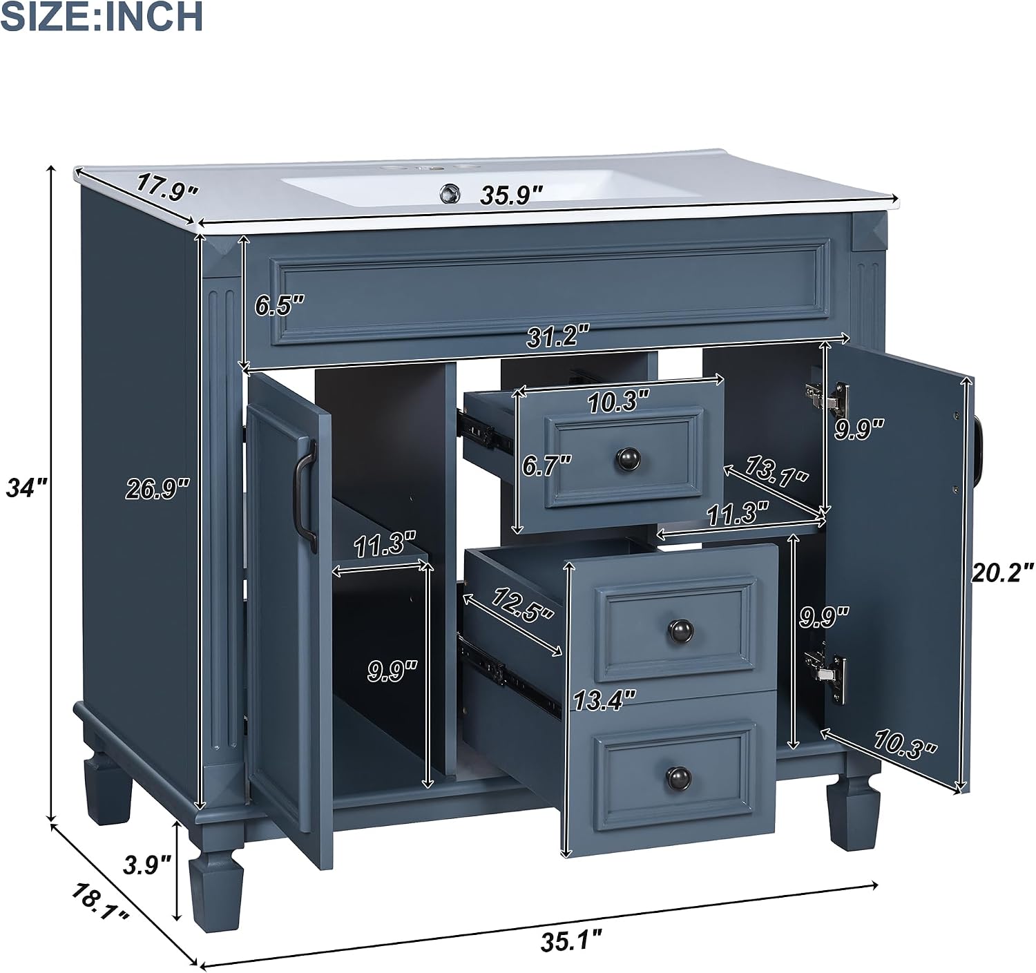 Merax 36'' Bathroom Vanity with Top Sink, Modern Bathroom Storage Cabinet with 2 Soft Closing Doors and 2 Drawers, Single Sink Bathroom Vanity,Blue