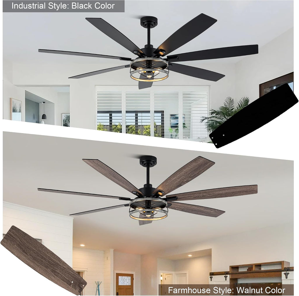 72 Inch Farmhouse Ceiling Fan with Lights Large Rustic Ceiling Fan Wood Caged Fandelier Chandelier Light for Indoor Outdoor, 7 Dual Blades 3 E26 Bulbs, Reversible Quiet DC Motor 6 Speeds