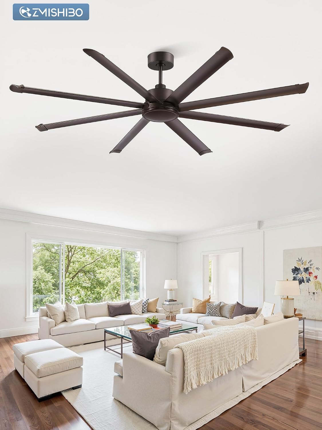 ZMISHIBO 84' Large Industrial Ceiling Fans No light with Aluminum 8 Blades, Commercial Ceiling Fan without Light,Quiet DC Motor, 6 Speeds, Indoor Outdoor Ceiling Fan for Patio,Garage,Shop, Oil Bronze