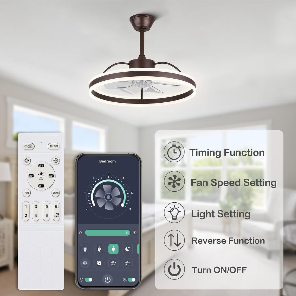 24' Bladeless Bedroom Ceiling Fan Fandelier LED Fan Light with Dimmable LED Light and Remote Control (Coffe)