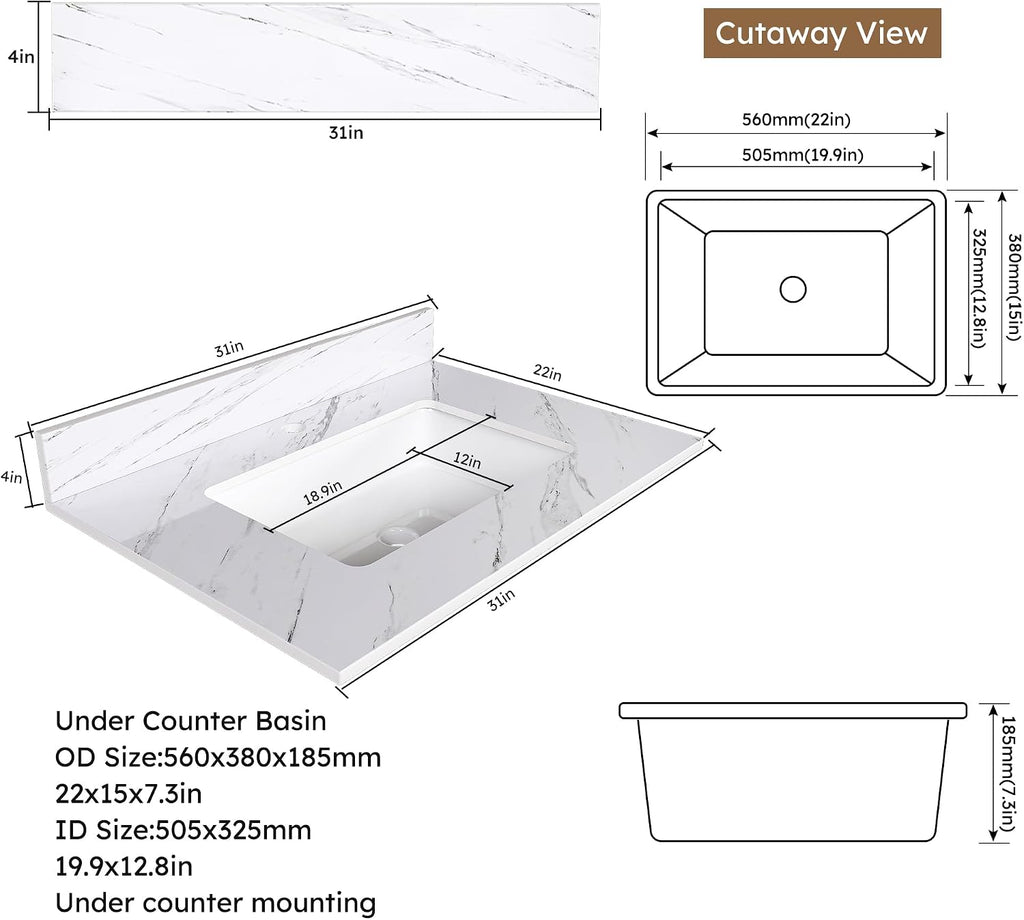 37x22 Marble Bathroom Vanity Top with Sink, Vanity Top with Sink with Pre-drilled Holes and 4' Backsplash, Perfect for Home & Rental Properties