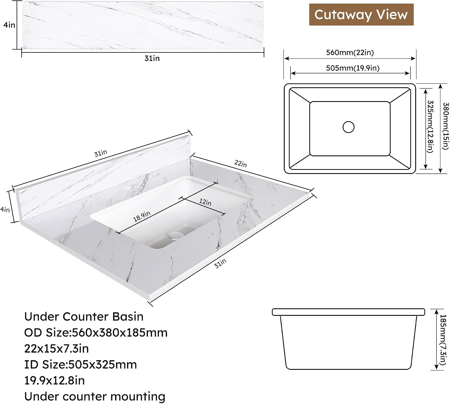 37x22 Marble Bathroom Vanity Top with Sink, Vanity Top with Sink with Pre-drilled Holes and 4' Backsplash, Perfect for Home & Rental Properties