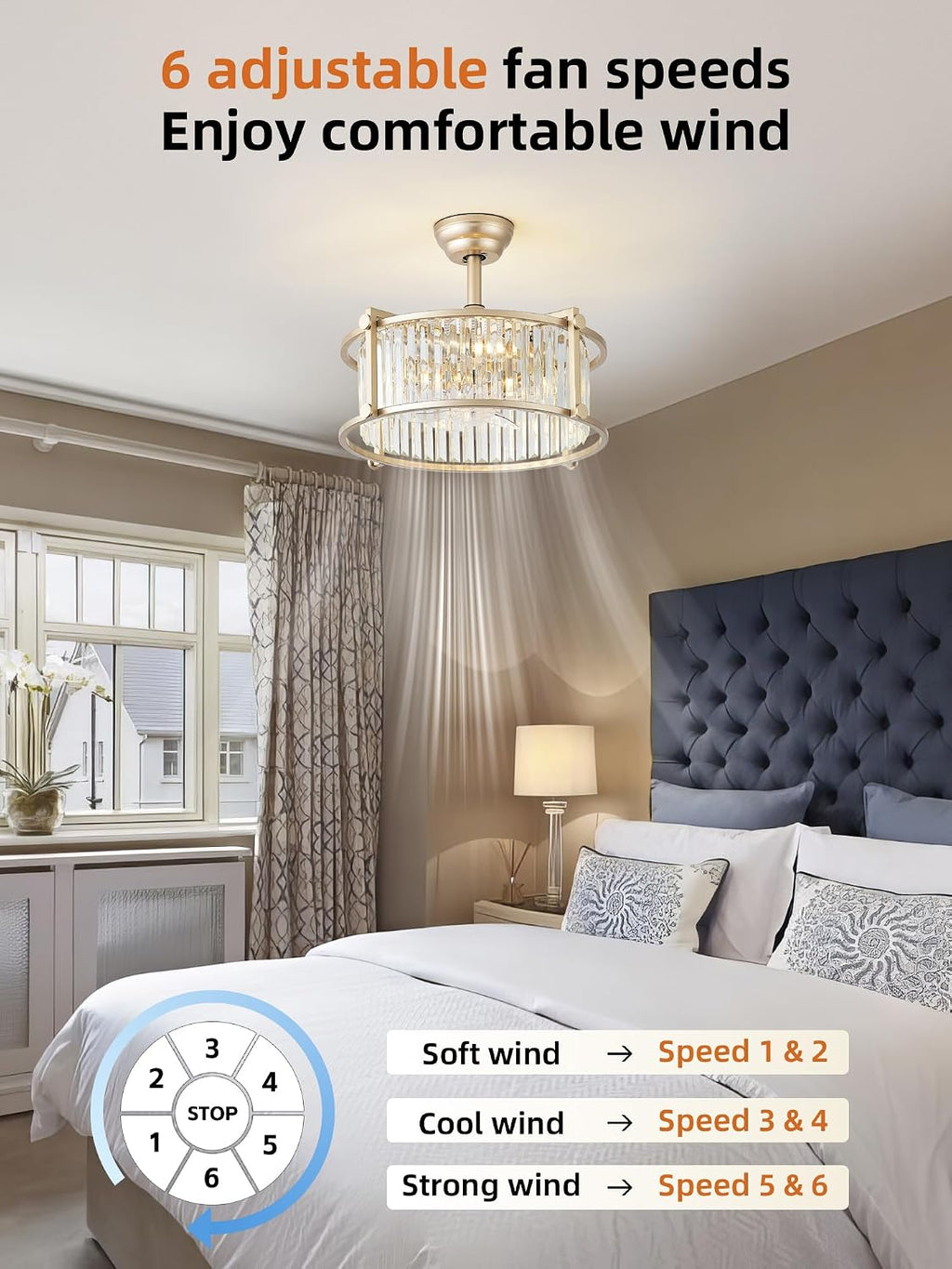 20' Gold Crystal Fandelier Ceiling Fans with Lights, Gold Crystal Industrial Chandelier Ceiling Fan with Light and Remote, Caged with 6 Speeds for Bedroom, Nursery, Living Room
