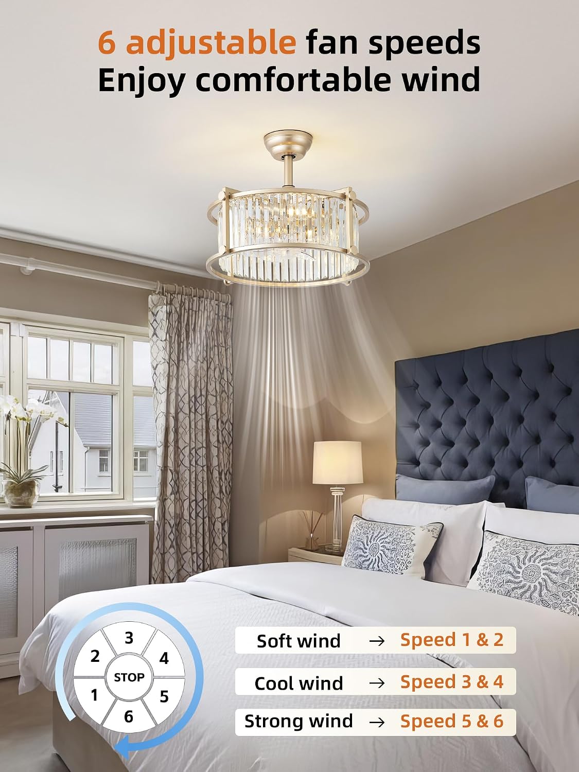 20' Gold Crystal Fandelier Ceiling Fans with Lights, Gold Crystal Industrial Chandelier Ceiling Fan with Light and Remote, Caged with 6 Speeds for Bedroom, Nursery, Living Room