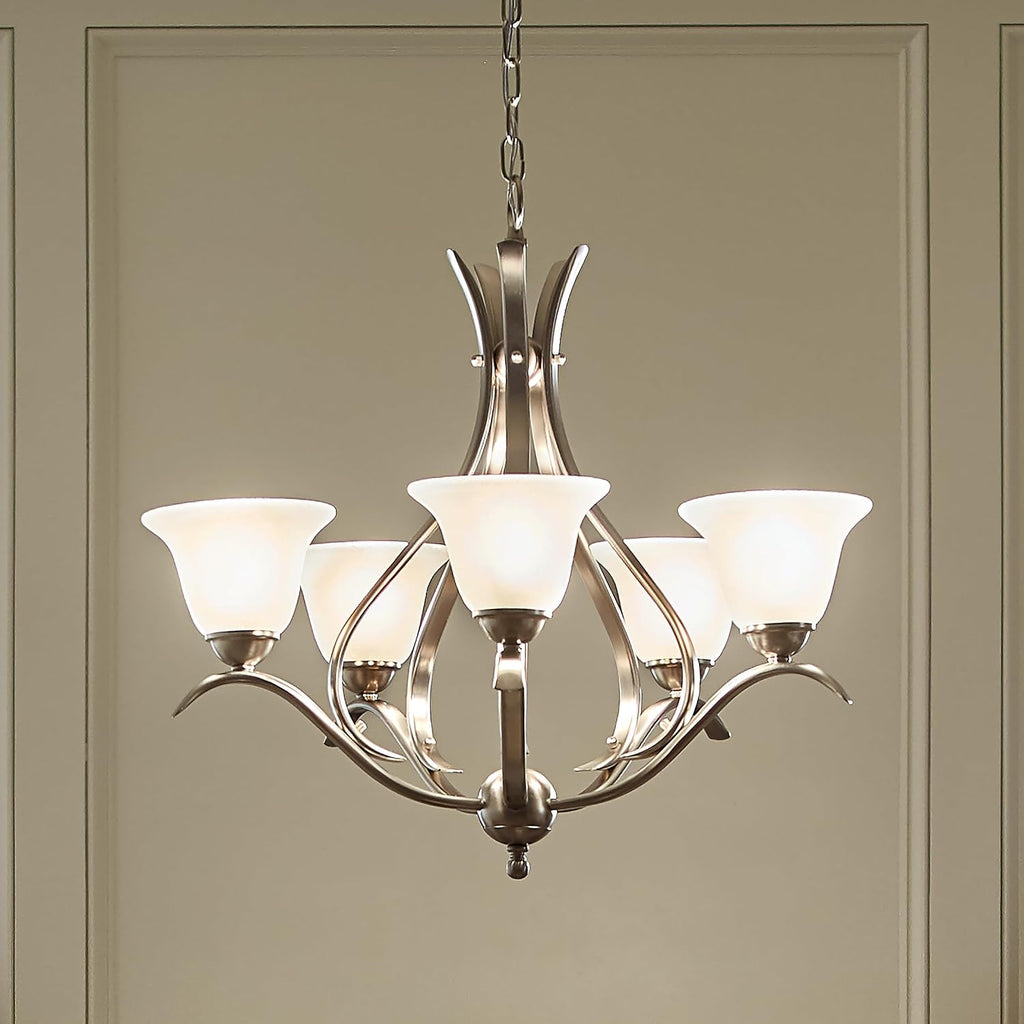 Kichler Dover 5-Light Chandelier with Etched Seeded Glass in Brushed Nickel, Transitional Dining Room or Foyer Light Fixture for High Ceilings (24' x 23'), 2020NI