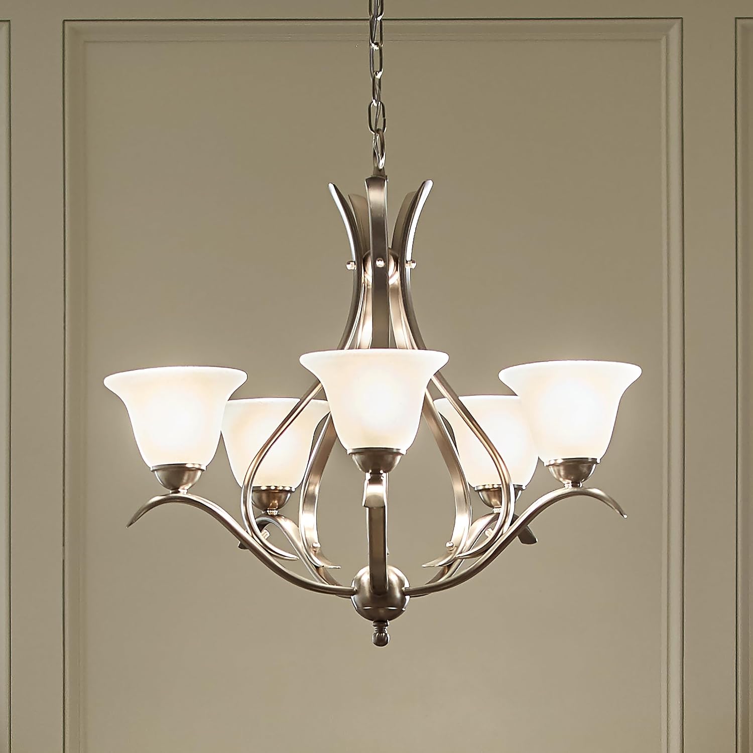 Kichler Dover 5-Light Chandelier with Etched Seeded Glass in Brushed Nickel, Transitional Dining Room or Foyer Light Fixture for High Ceilings (24' x 23'), 2020NI