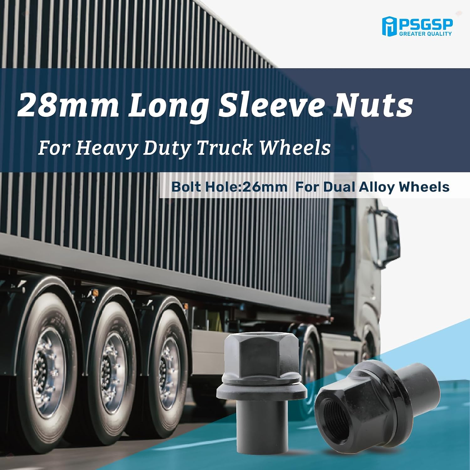 Two-Piece 28mm Sleeve Flanged Wheel Nuts 10PCS, M22x1.5 Hex:33mm Black for Heavy Duty Truck Semi Truck Fit Dual Alcoa Aluminum Wheels with Hub Piloted Seat & 26mm Bolt Hole Size
