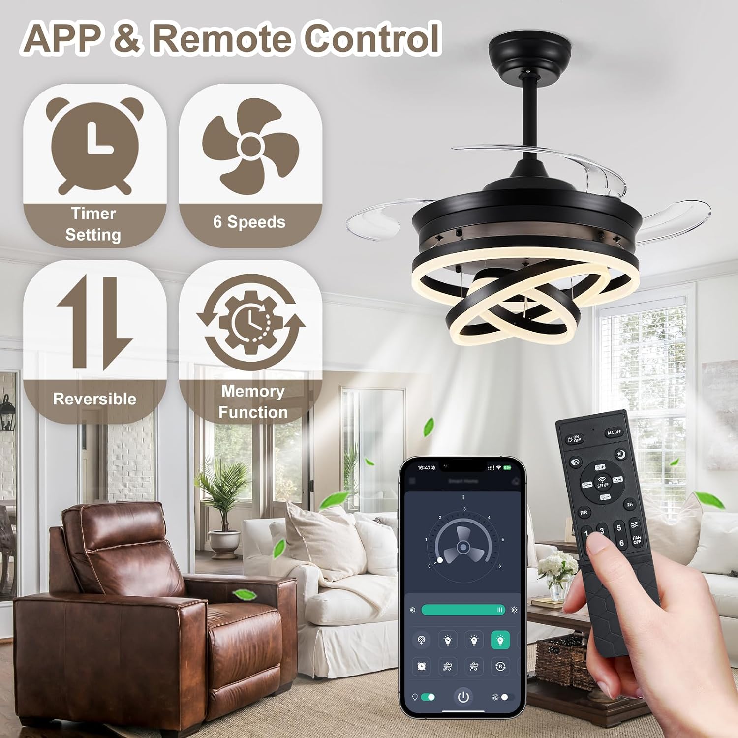 42' Retractable Ceiling Fans with Lights, Modern Fandelier Ceiling Fan with LED Light and Remote/APP Control 3 CCT, Reversible, 6 Wind Speed, Chandelier Ceiling Fan for Bedroom, Living Room Black