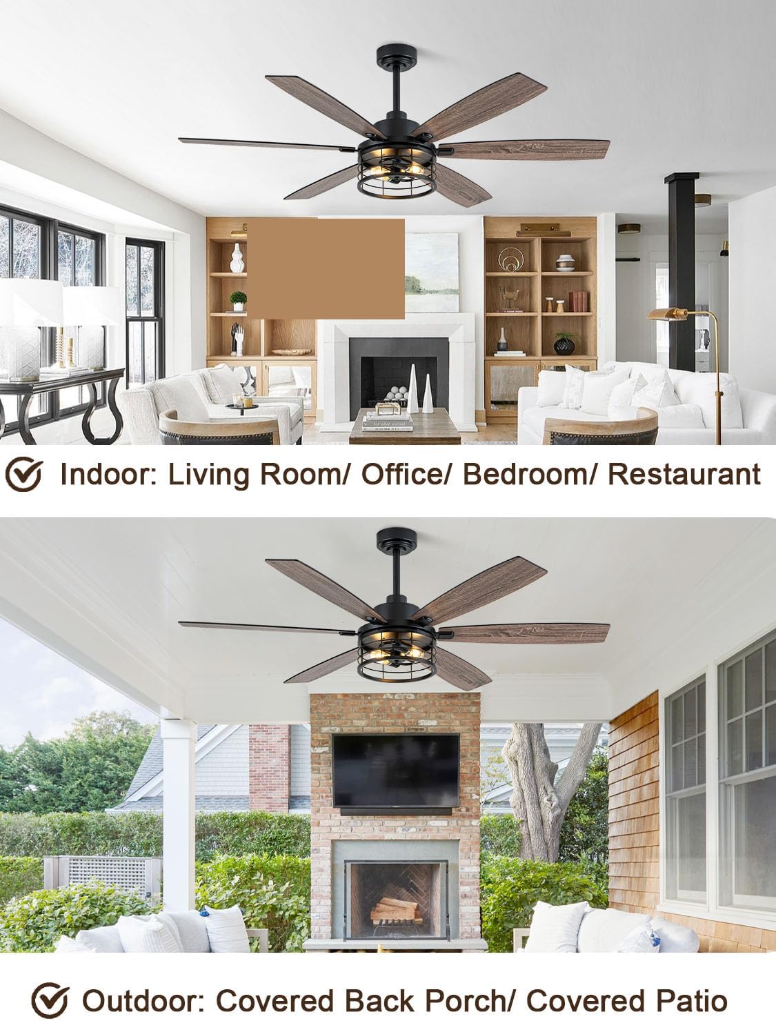 60 Inch Farmhouse Ceiling Fan with Lights and Remote Large Rustic Ceiling Fan Caged Fandelier Chandelier, 6 Dual Blades Reversible Quiet DC Motor 3CCT 6 Speed for Living Room Indoor Outdoor