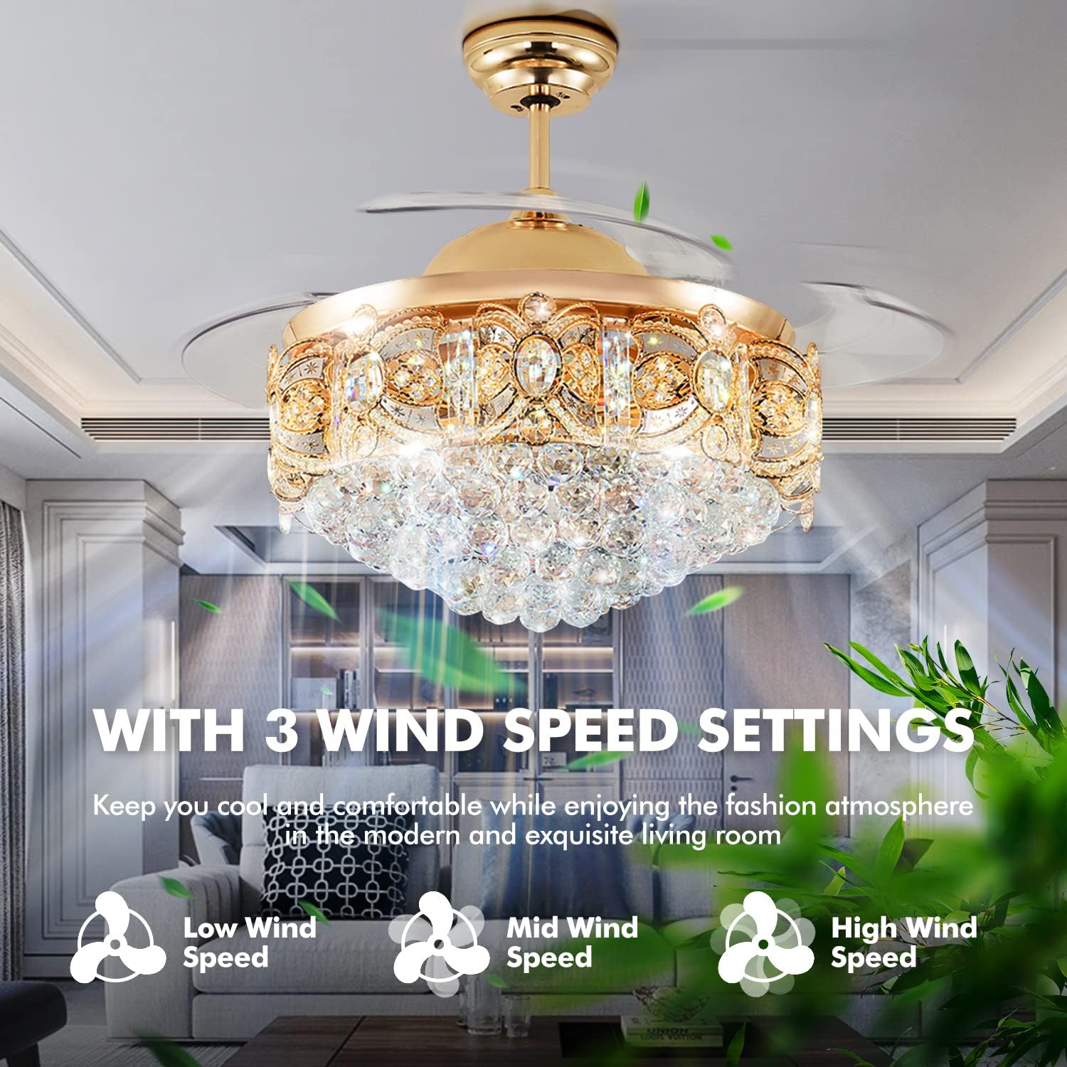 42' Modern Fandelier Crystal Ceiling Fan with Light and Remote, Luxury Gold Chandelier Ceiling Fan with Retractable Blades 3 Colors Change 3 Speeds for Living Room Bedroom