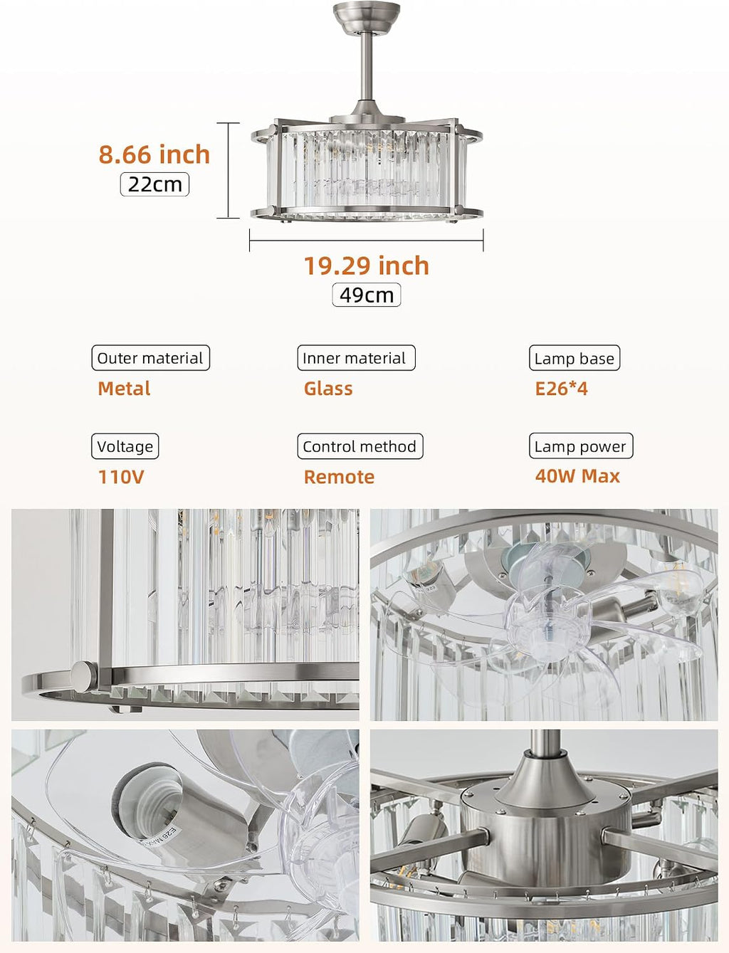 20' Silver Crystal Fandelier Ceiling Fans with Lights, Silver Crystal Industrial Chandelier Ceiling Fan with Light and Remote, Caged with 6 Speeds for Bedroom, Nursery, Living Room