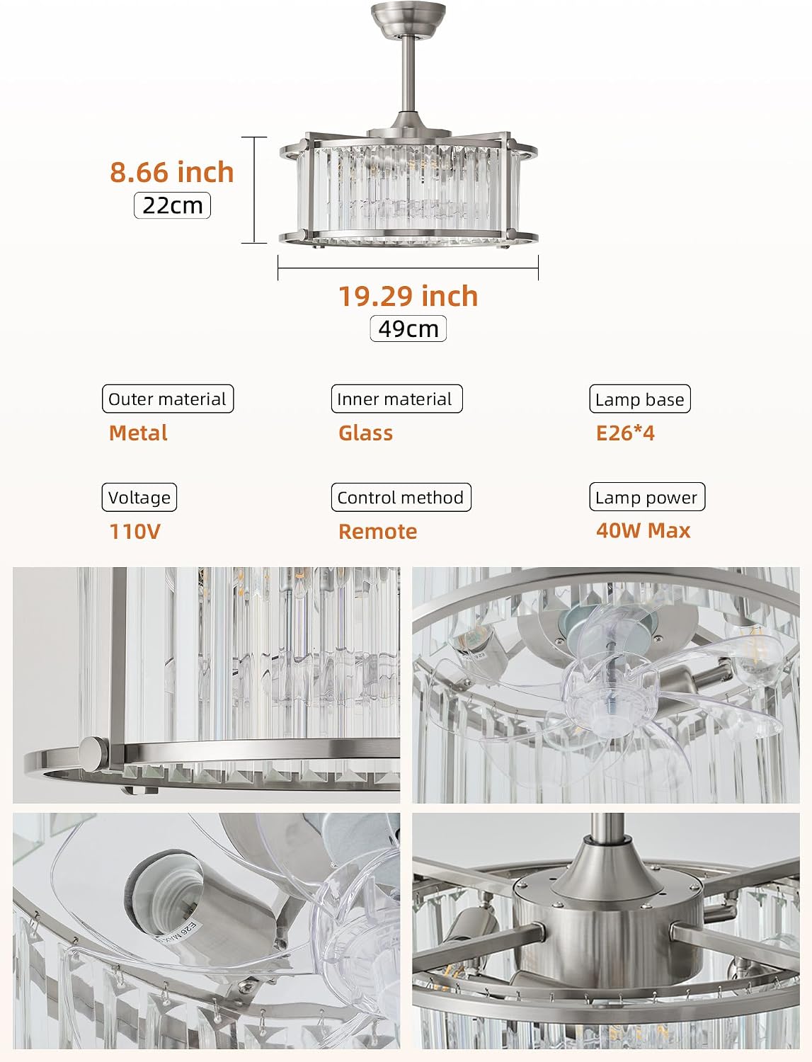 20' Silver Crystal Fandelier Ceiling Fans with Lights, Silver Crystal Industrial Chandelier Ceiling Fan with Light and Remote, Caged with 6 Speeds for Bedroom, Nursery, Living Room