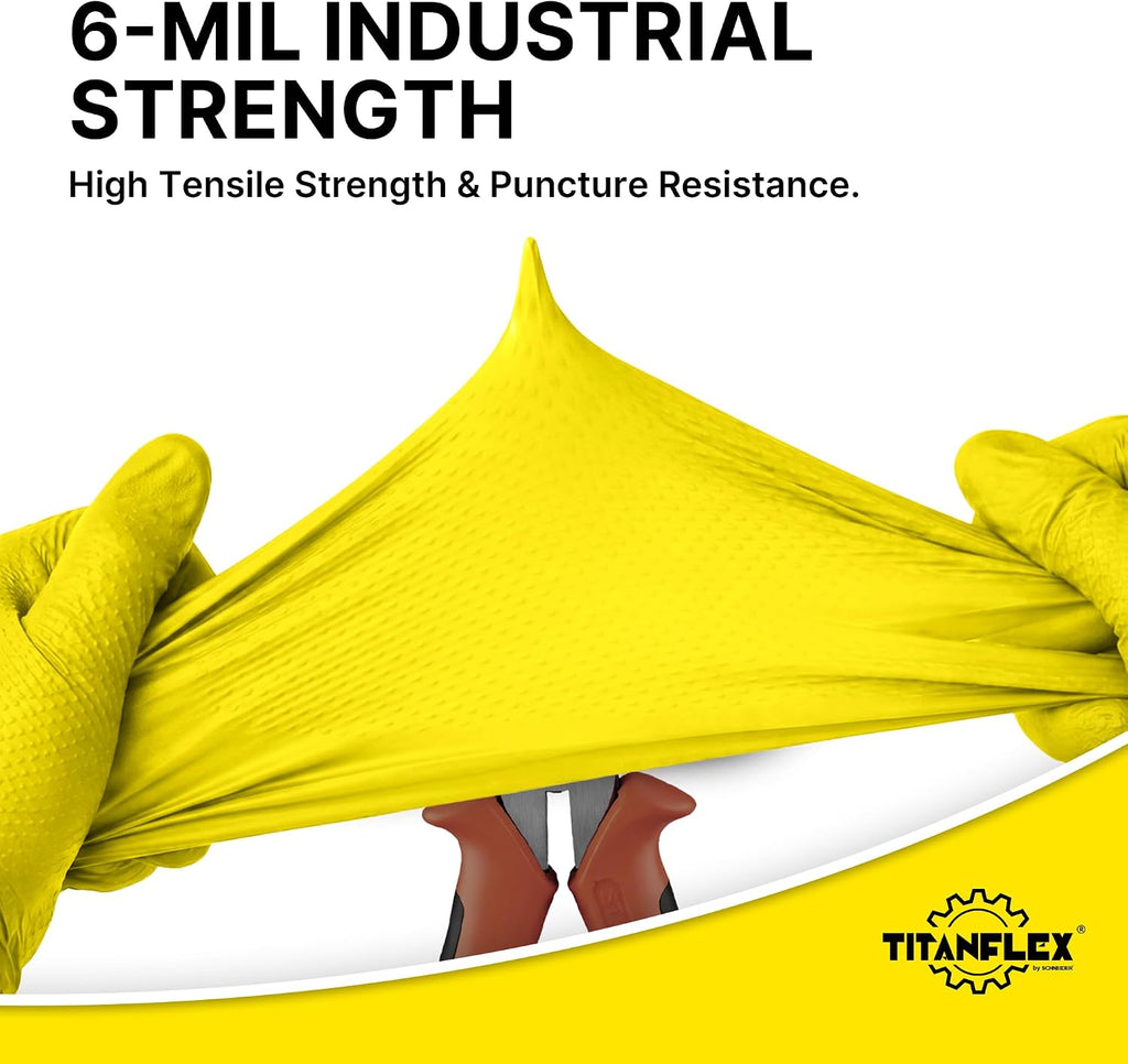 TitanFlex Heavy Duty Industrial Nitrile Gloves with Raised Diamond Texture, 6-mil, Latex Free (Dark Green/Yellow)