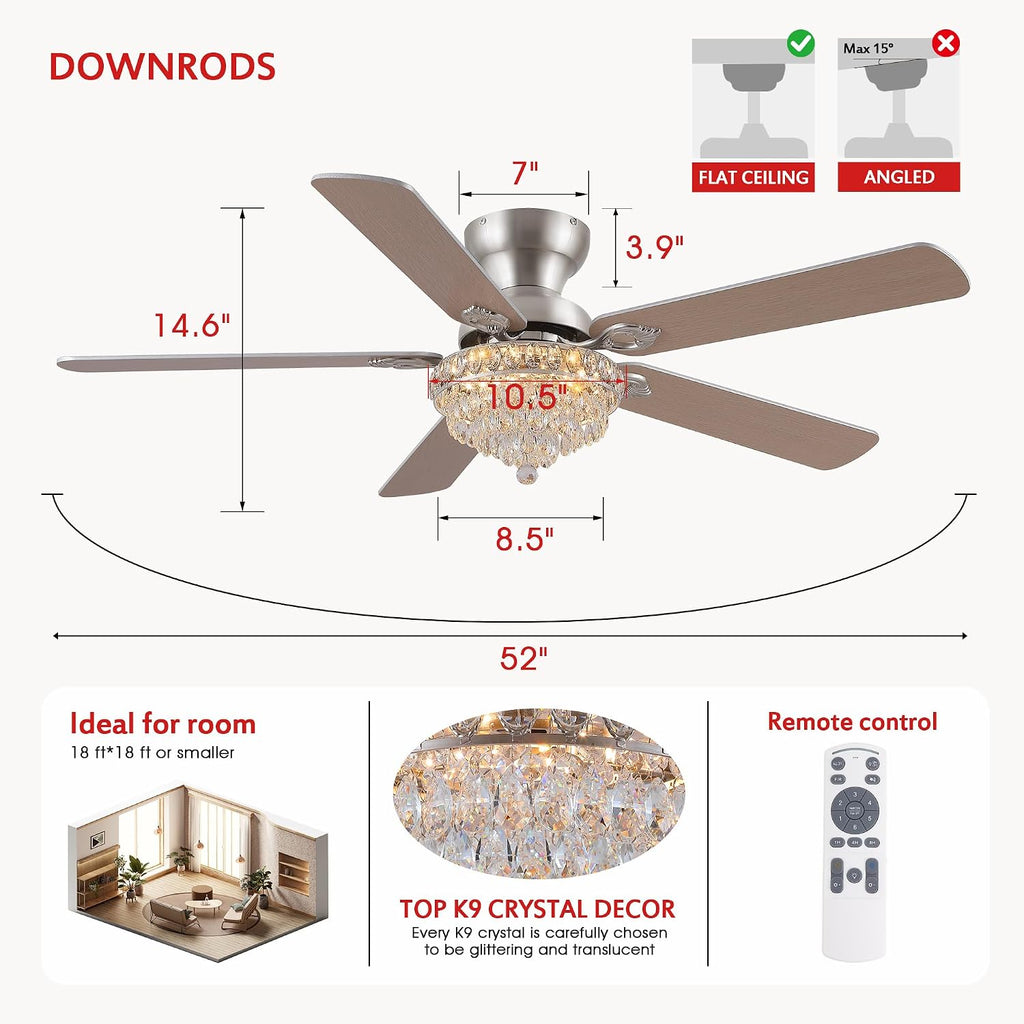 GJeg Crystal Ceiling Fan Fandelier with Lights-Ceiling Fans with Remote Control,Modern Ceiling Fan with Noiseless DC Reversible Motor,Dining Room,Living Room(52' Nickel)