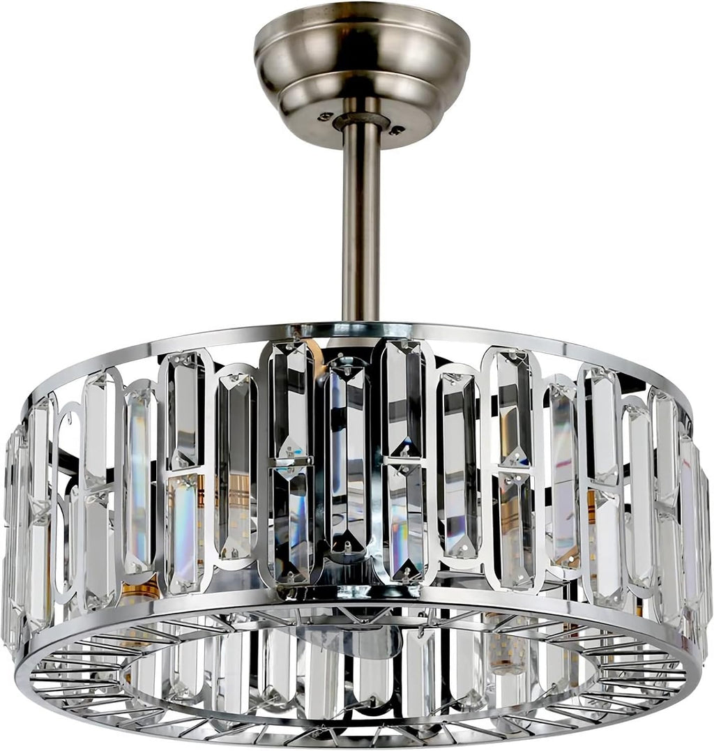 Fandian 18' Industrial Caged Ceiling Fan with Light,Bladeless Fan with 3 Speeds, Farmhouse Crystal Fandelier with Remote Control, Chrome Silver Chandelier Fan for Dining Bedroom