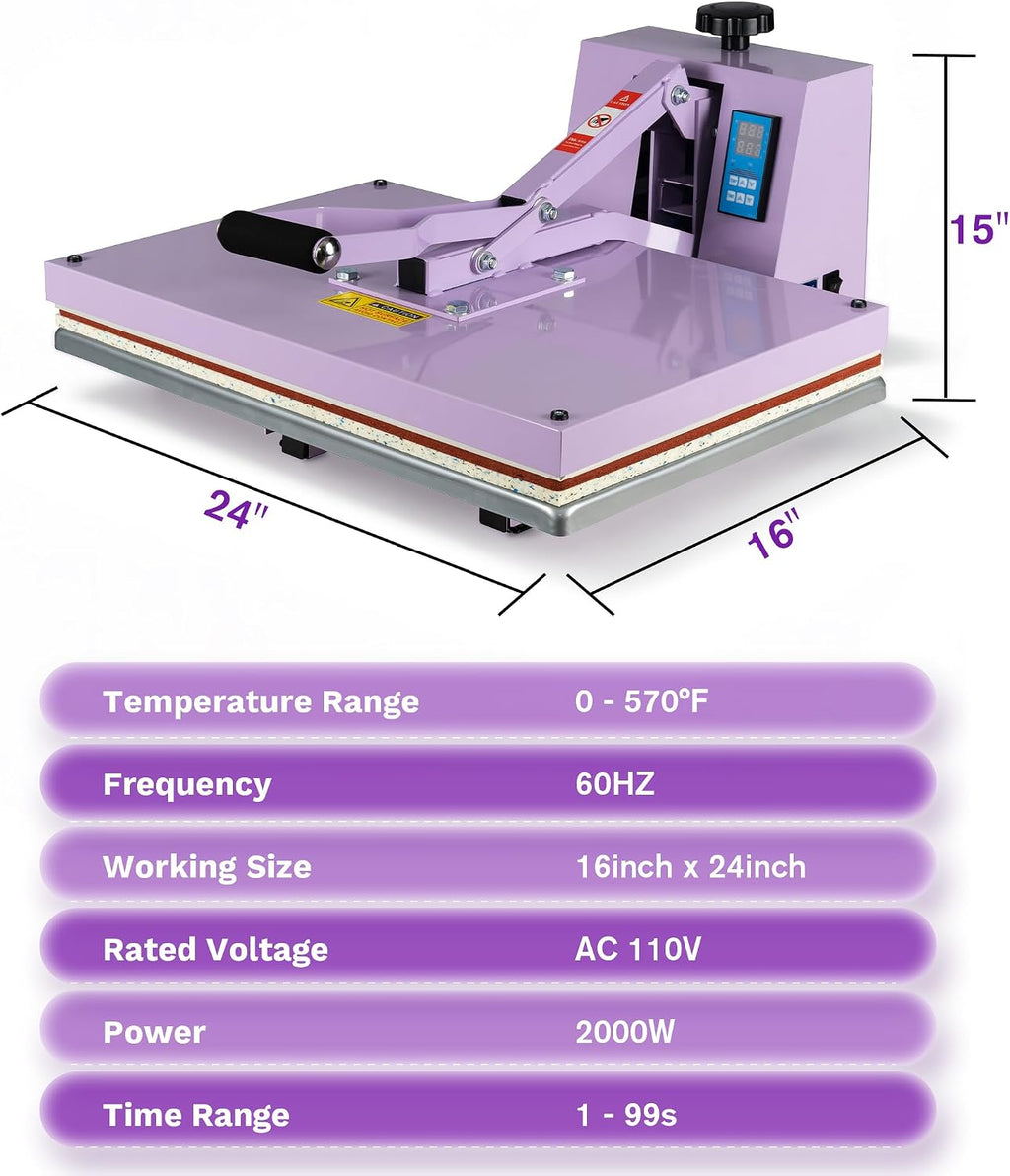 16x24 Inch Heat Press Machine, Manual Clamshell Heat Press with Slide - Out Base, Adjustable Pressure, Temperature and Time for Home Decor, Custom Gifts, Holiday Crafts, Small Businesses，Purple