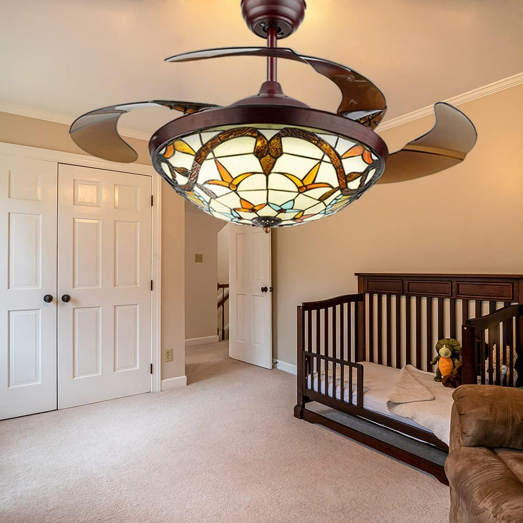 Fandian 42' Vintage Style Ceiling Fan with Light, Remote Control Classic LED Chandelier Retractable Blades 3 Light Changes Fandelier Lighting Fixture with Craft-Made Colorful Glass Lamp