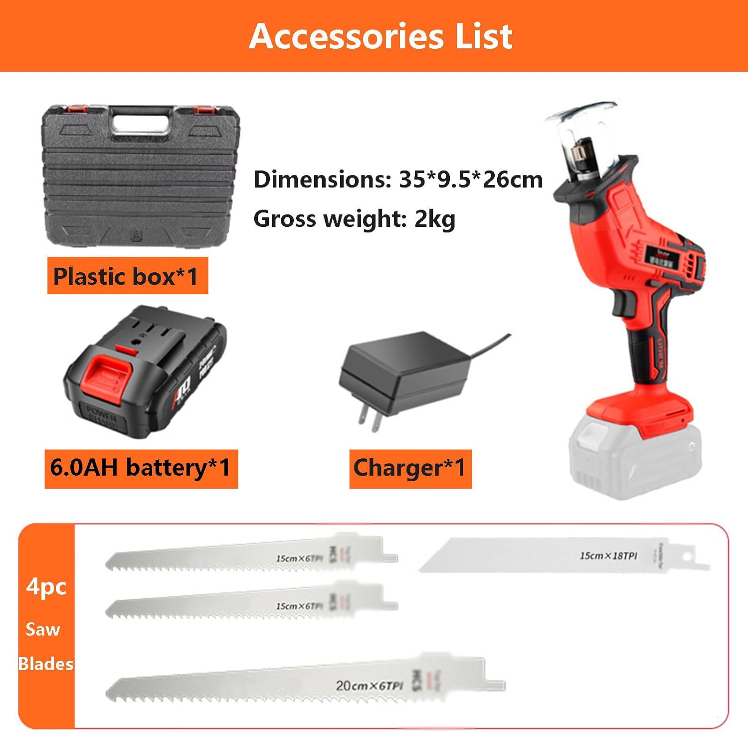 2000rpm Reciprocating Saw Electric Cordless Chainsaw | Commercial Meat And Bone Saw With 4 Saw Blades | Professional Cutting Tools (With Battery & 12/Gloves),6AH