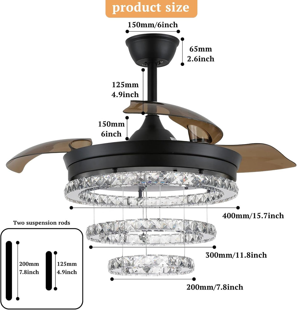 42' Black Crystal Ceiling Fan with Light, Dimmable LED Fandelier with Retractable Invisible Blades, Quiet Reversible DC Motor, 3 Color Lighting, Flush Mount for Bedroom, Living Room, Dining Room