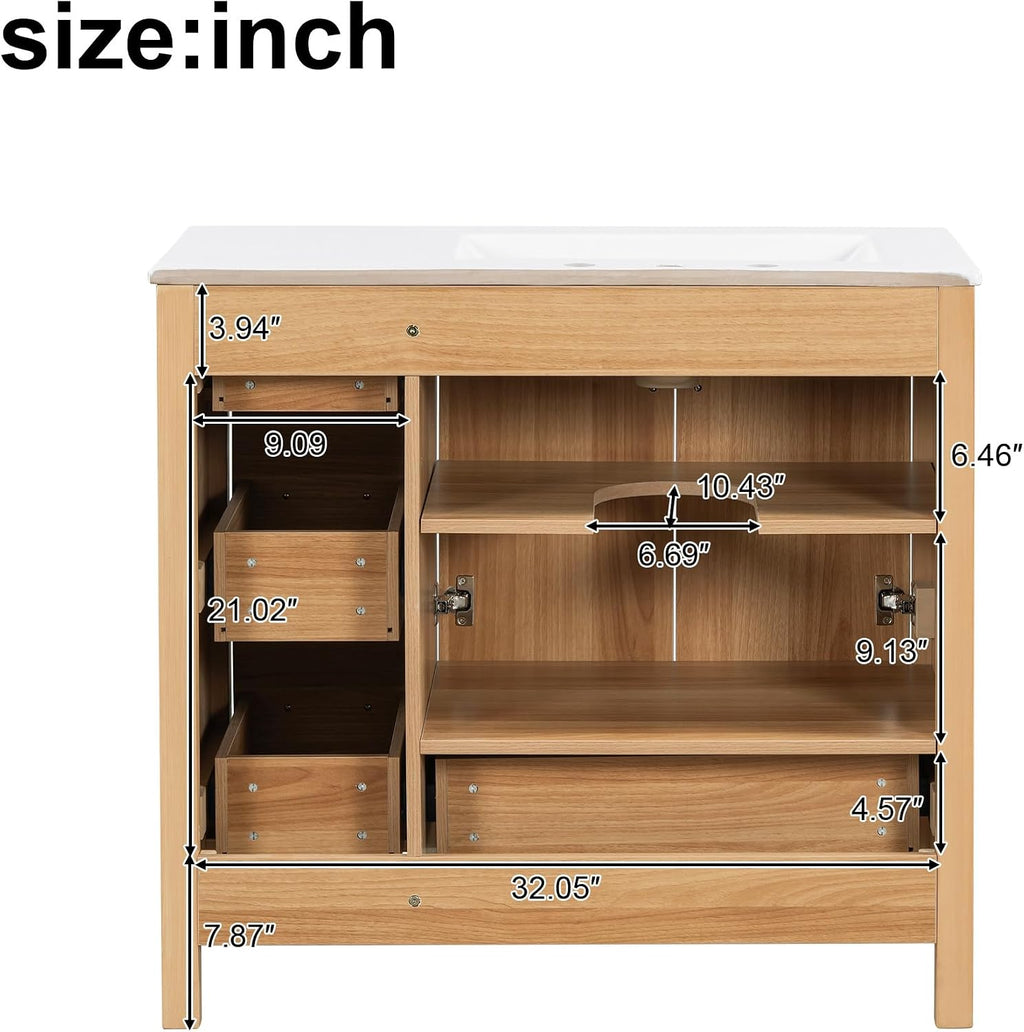 Harper & Bright Designs 36' Bathroom Vanity with Sink, Free Standing Single Basin Vanity with 2 Doors & 4 Soft-Closing Drawers, Solid Wood Storage Cabinet with Ceramic Basin for Bathroom, Acacia Wood