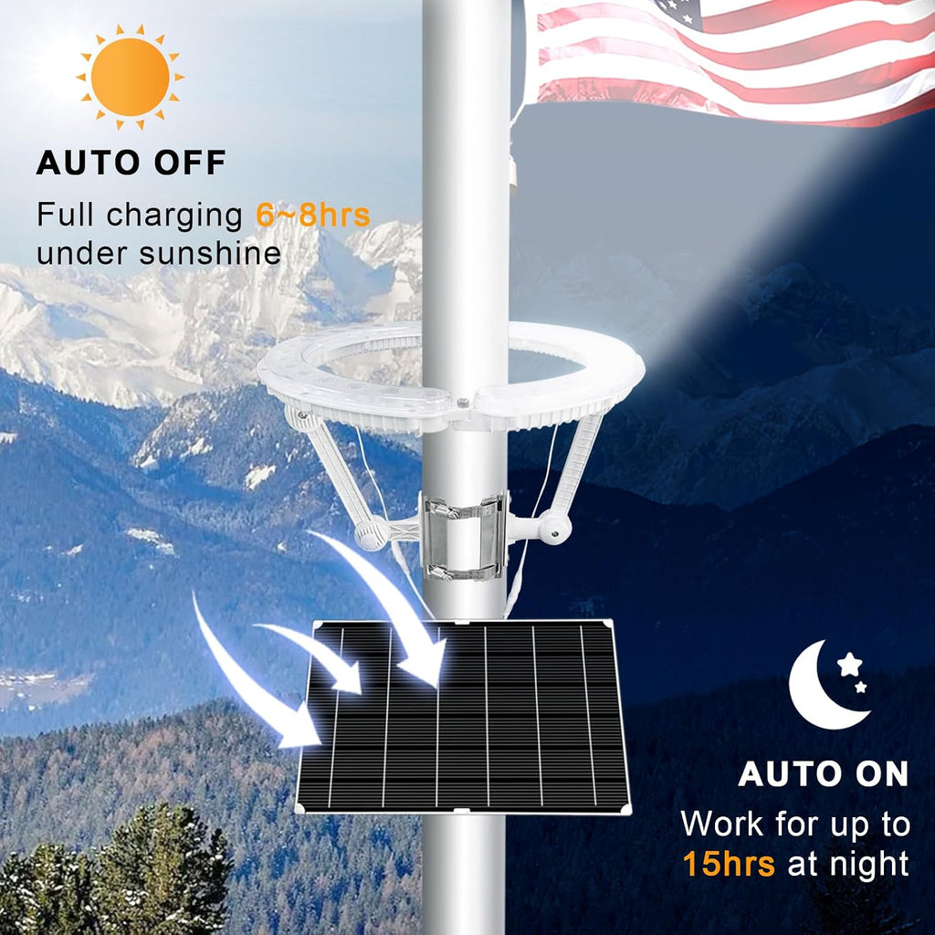 Flagpole Light Solar Powered, 32 Super-Bright LEDs Light Large High-efficient Solar Panel with Adjustable Metal Clamps Fits 2-6'' Flag Poles, for 15 to 25 Ft In-Ground Telescoping Flag Poles