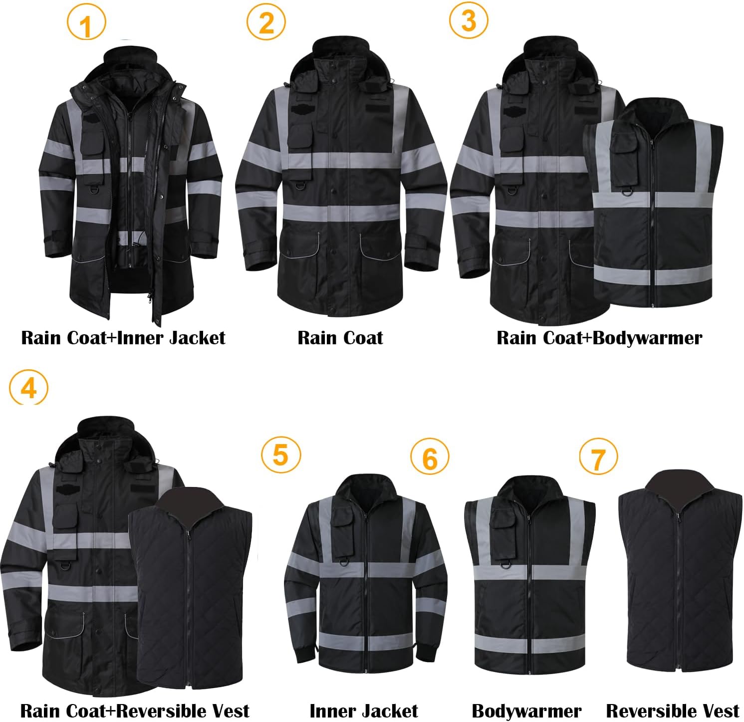 ANSI Class 3 High Visibility 7 in 1 Safety Winter Jacket For Men Safety Coat Traffic Reflective Parka Jacket
