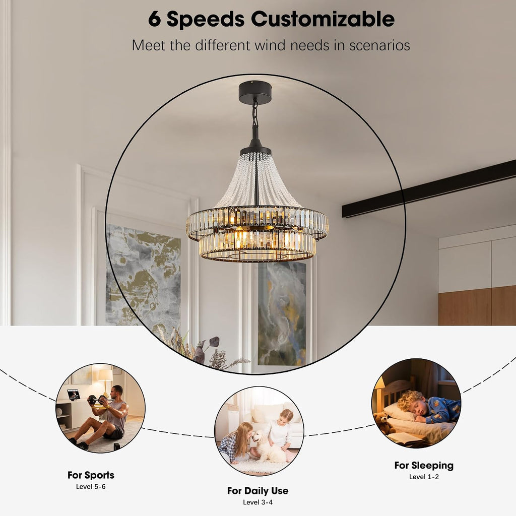 24' Farmhouse Crystal Chandelier Ceiling Fan with Lights, Remote & App Control, 6-Speed Reversible Large Fandelier, Double Layer Design for Bedroom, Living Room (Black)