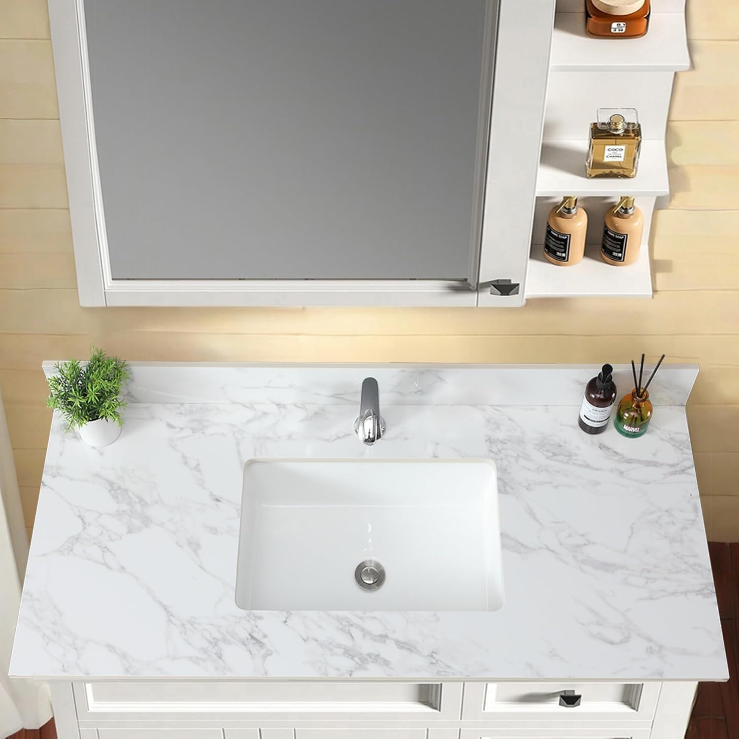 31x22 Marble Bathroom Vanity Top with Sink, Vanity Top with Sink with Pre-drilled Holes and 4' Backsplash, Perfect for Home & Rental Properties