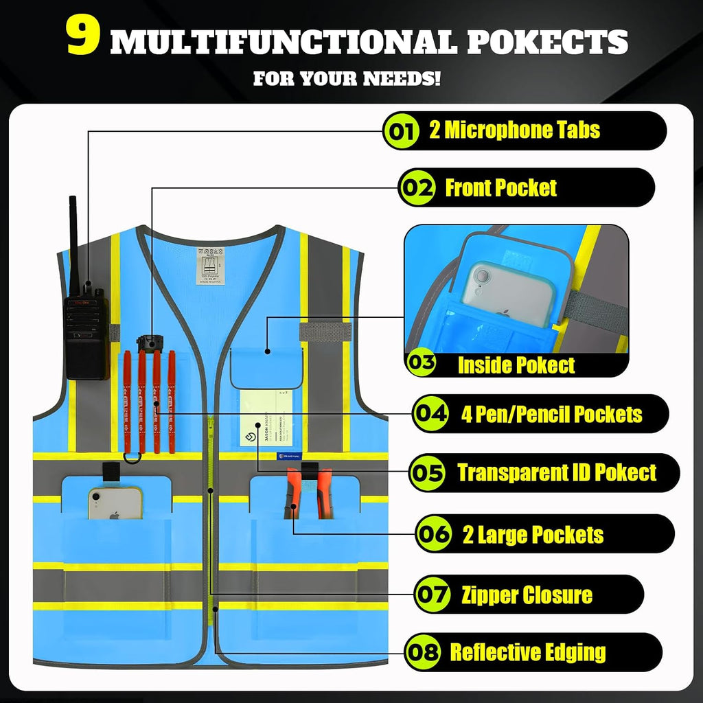 Custom Safety Vest Logo High Visibility Reflective Vest Ansi with Pockets Class 2 Hi Vis Security Construction Workwear