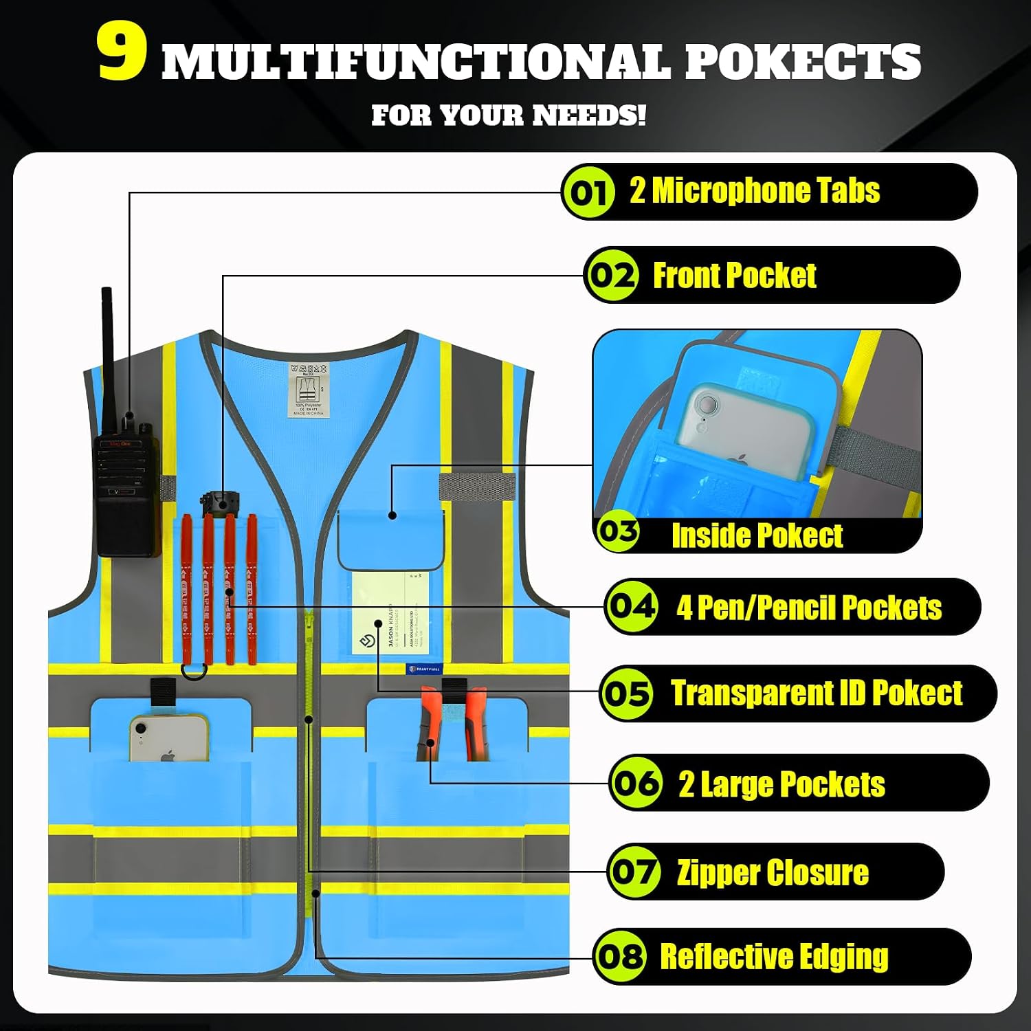 Custom Safety Vest Logo High Visibility Reflective Vest Ansi with Pockets Class 2 Hi Vis Security Construction Workwear