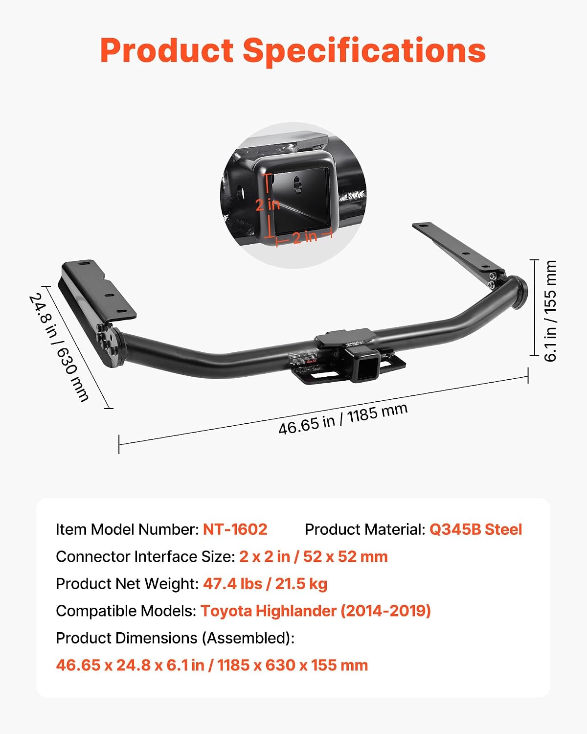 VEVOR Class 3 Trailer Hitch, 2-Inch Receiver, Compatible with 2014-2019 Toyota Highlander, Q345B Steel Tube Frame, Multi-Fit Hitch to Receive Ball Mount, Cargo Carrier, Bike Rack, and Tow Hook, Black
